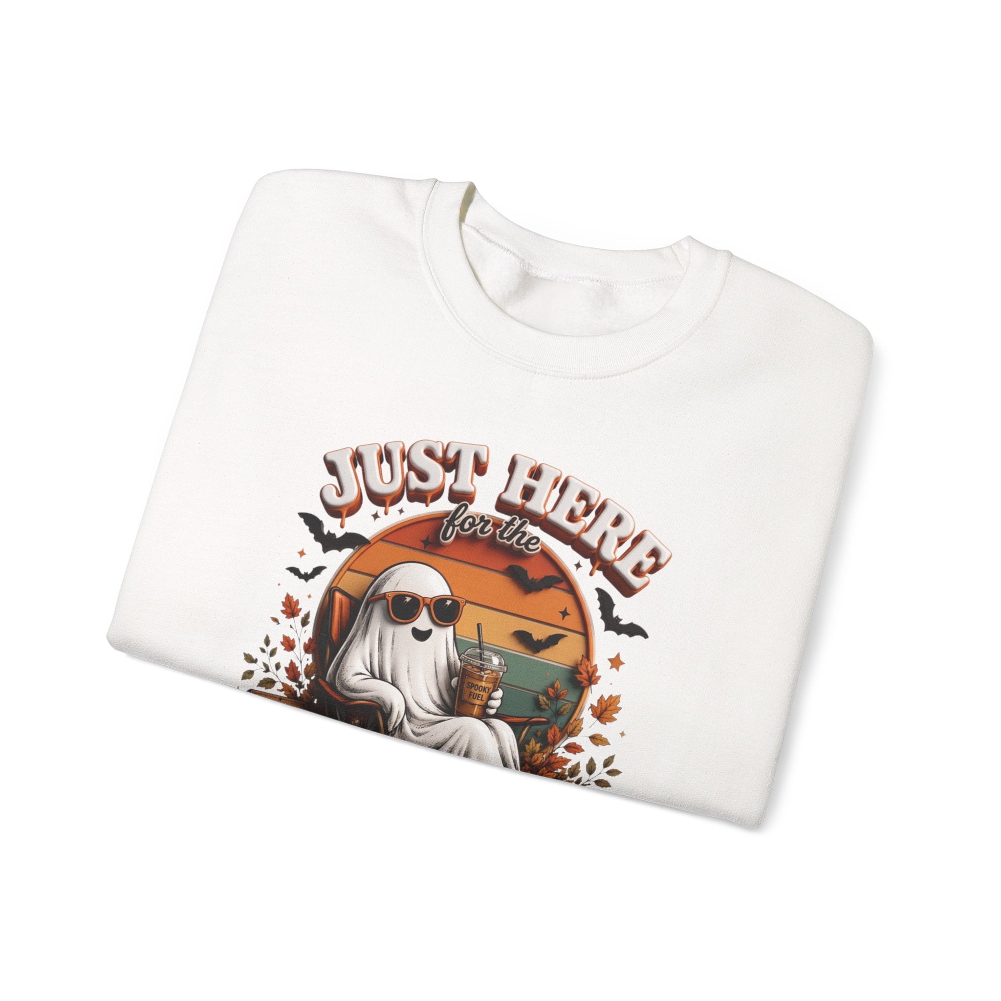 White crewneck sweatshirt folded to show the ghost in sunglasses kicks back with an iced coffee print