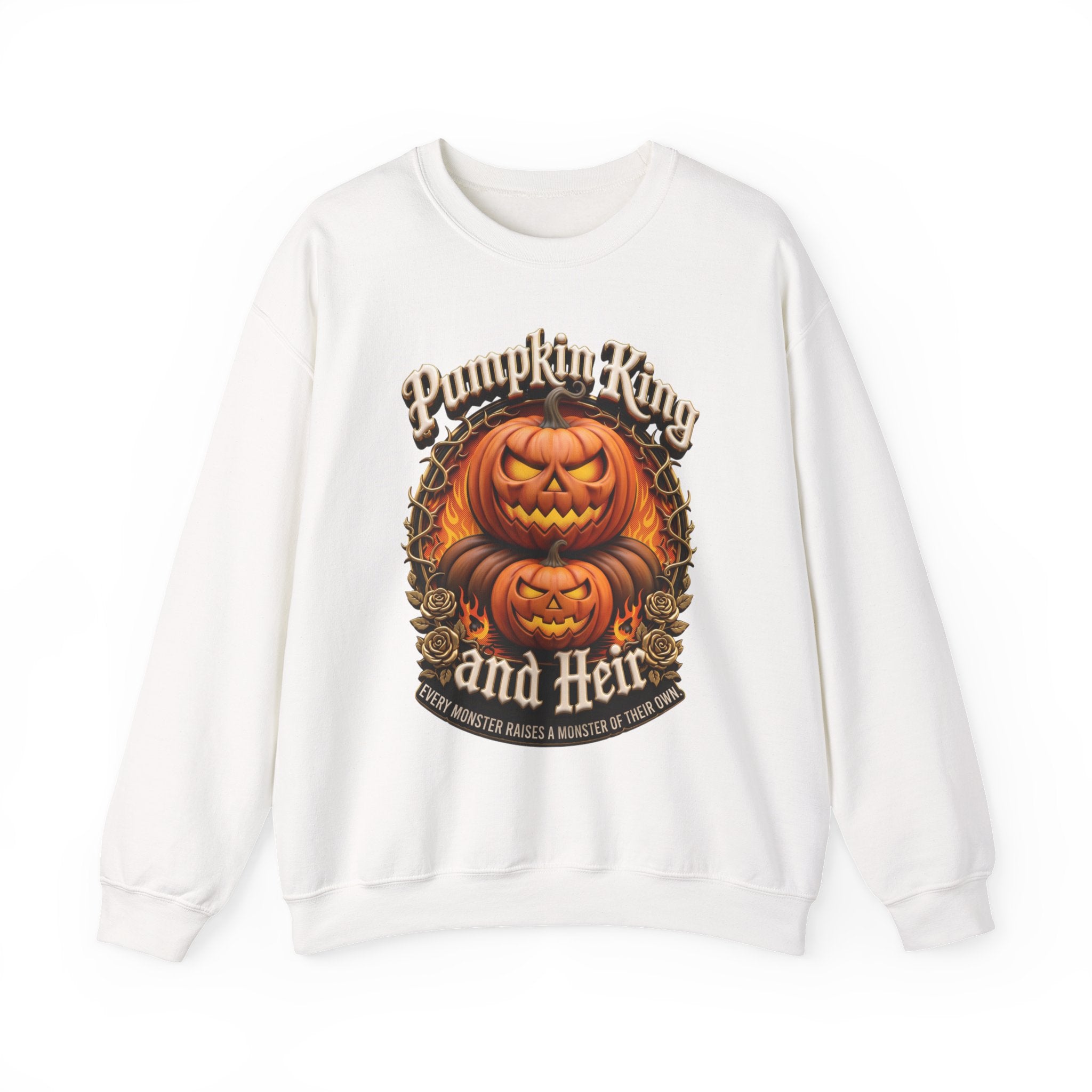 White crewneck sweatshirt laid flat, printed with a two fierce jack-o-lanterns stack up inside a thorny wreath