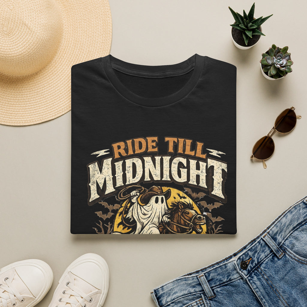 Black t-shirt styled flat with a candle — sheet ghost on a rearing horse