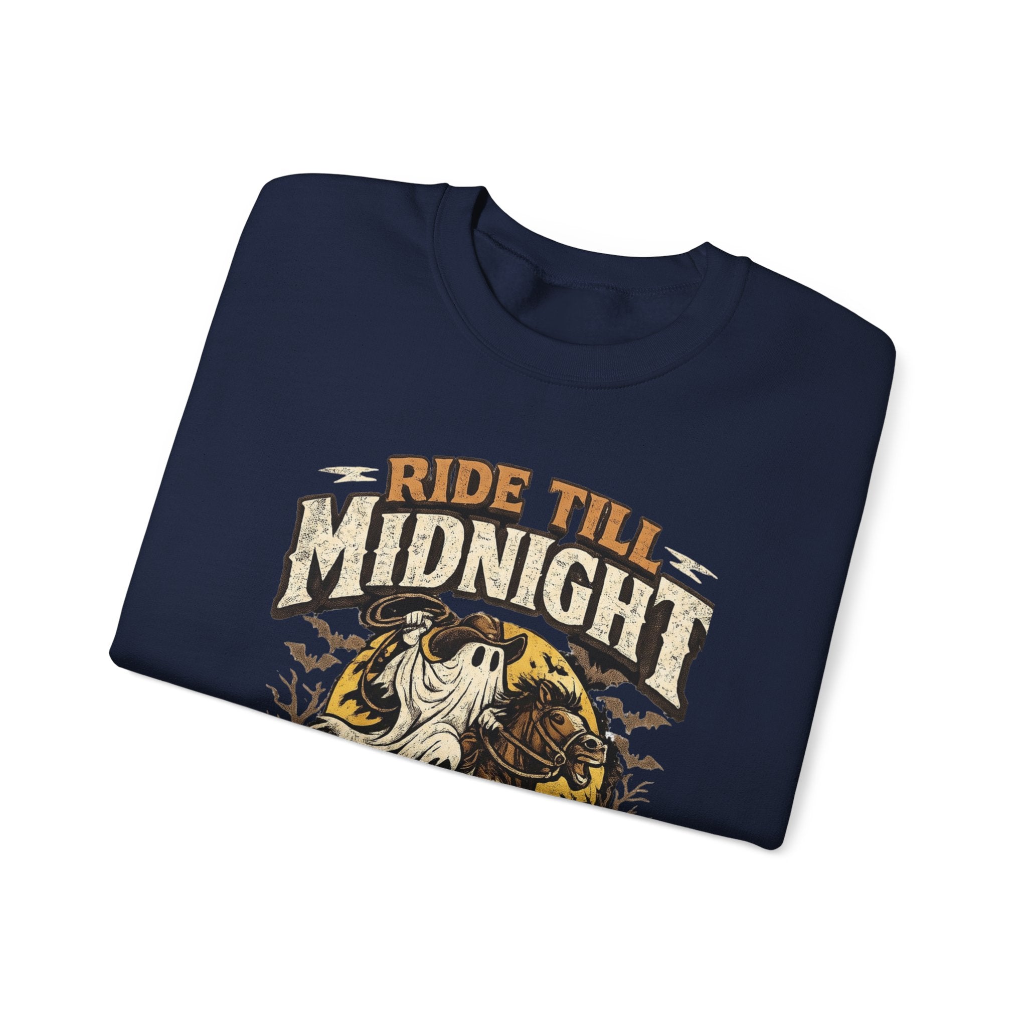 Navy crewneck sweatshirt folded to show the vintage style skeleton on a motorcycle under a banner print