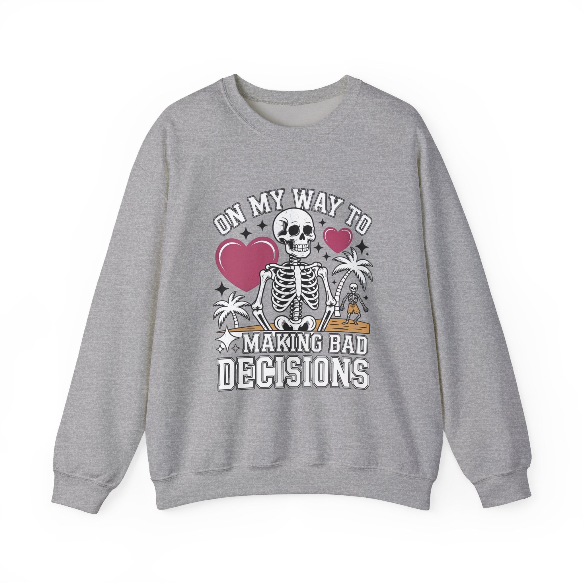 Sport Grey crewneck sweatshirt laid flat, printed with a two line drawn skeletons under pink hearts