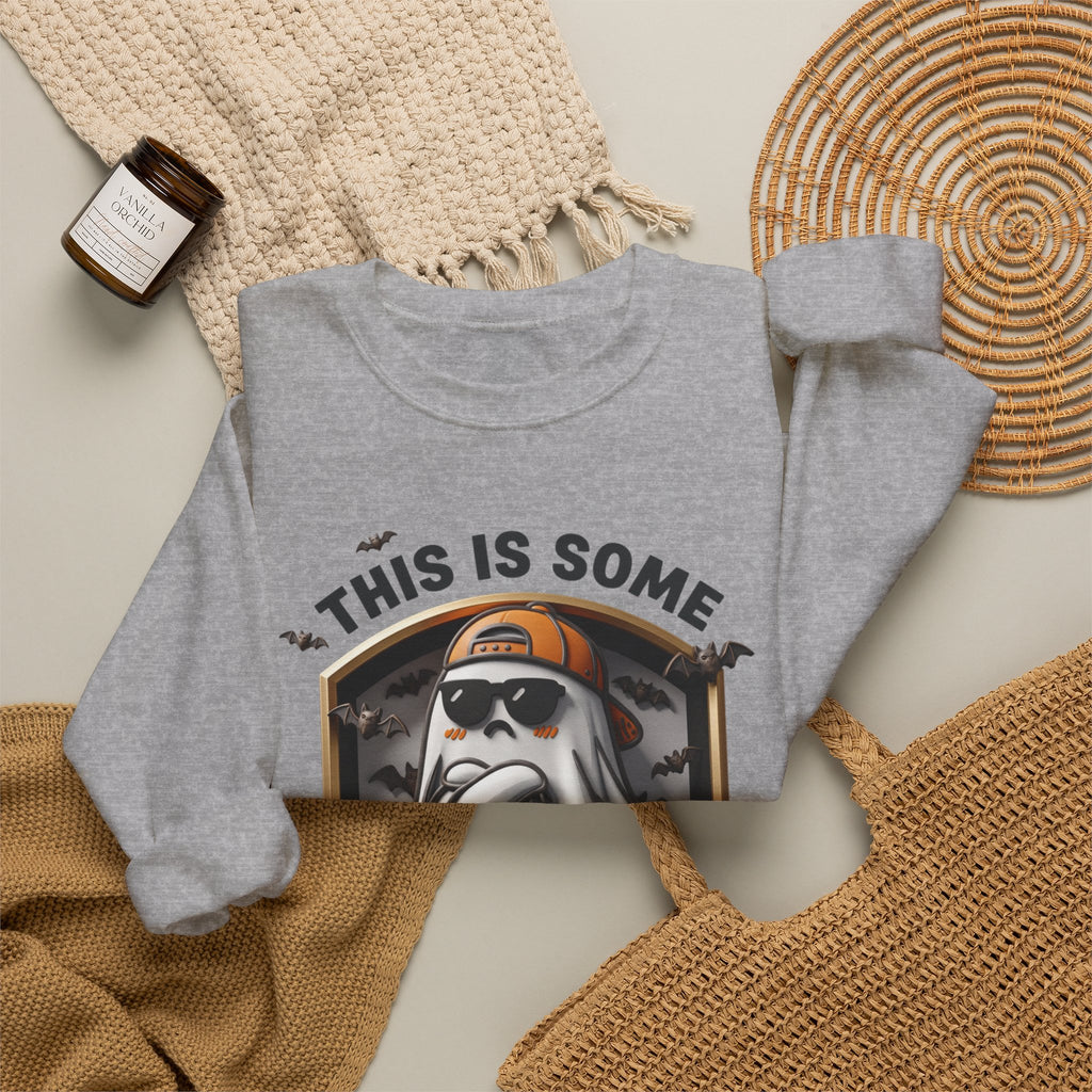 Sport Grey crewneck sweatshirt styled flat with a candle — sheet ghost in an orange cap