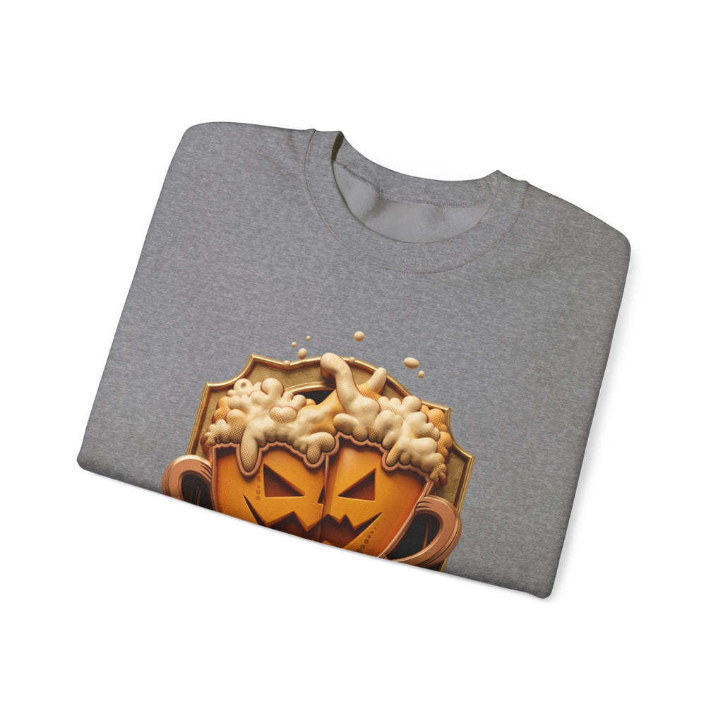 Graphite Heather crewneck sweatshirt folded to show the two frothy beer mugs carved with jack-o-lantern faces clink print