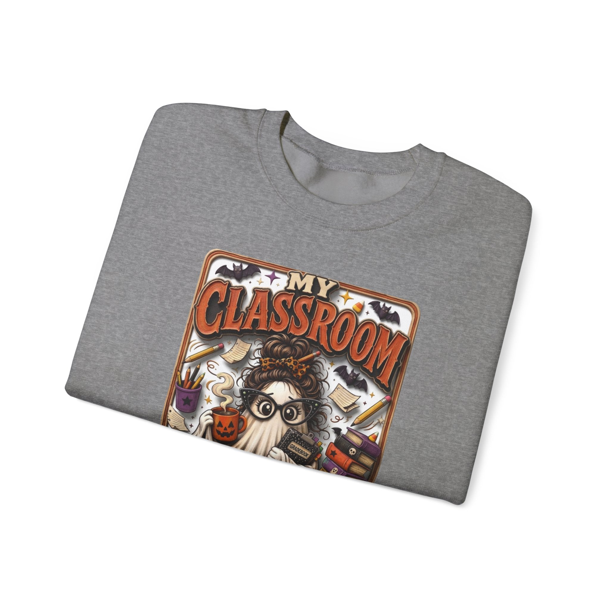 Graphite Heather crewneck sweatshirt folded to show the bespectacled ghost with a messy bun grades away among print