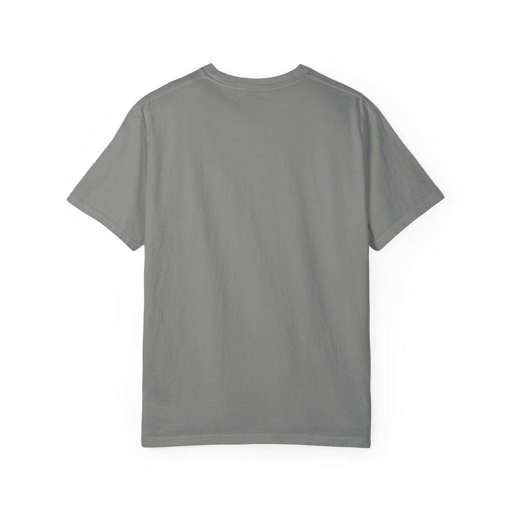 Granite t-shirt, plain back — tall striped mug in retro collage on the front