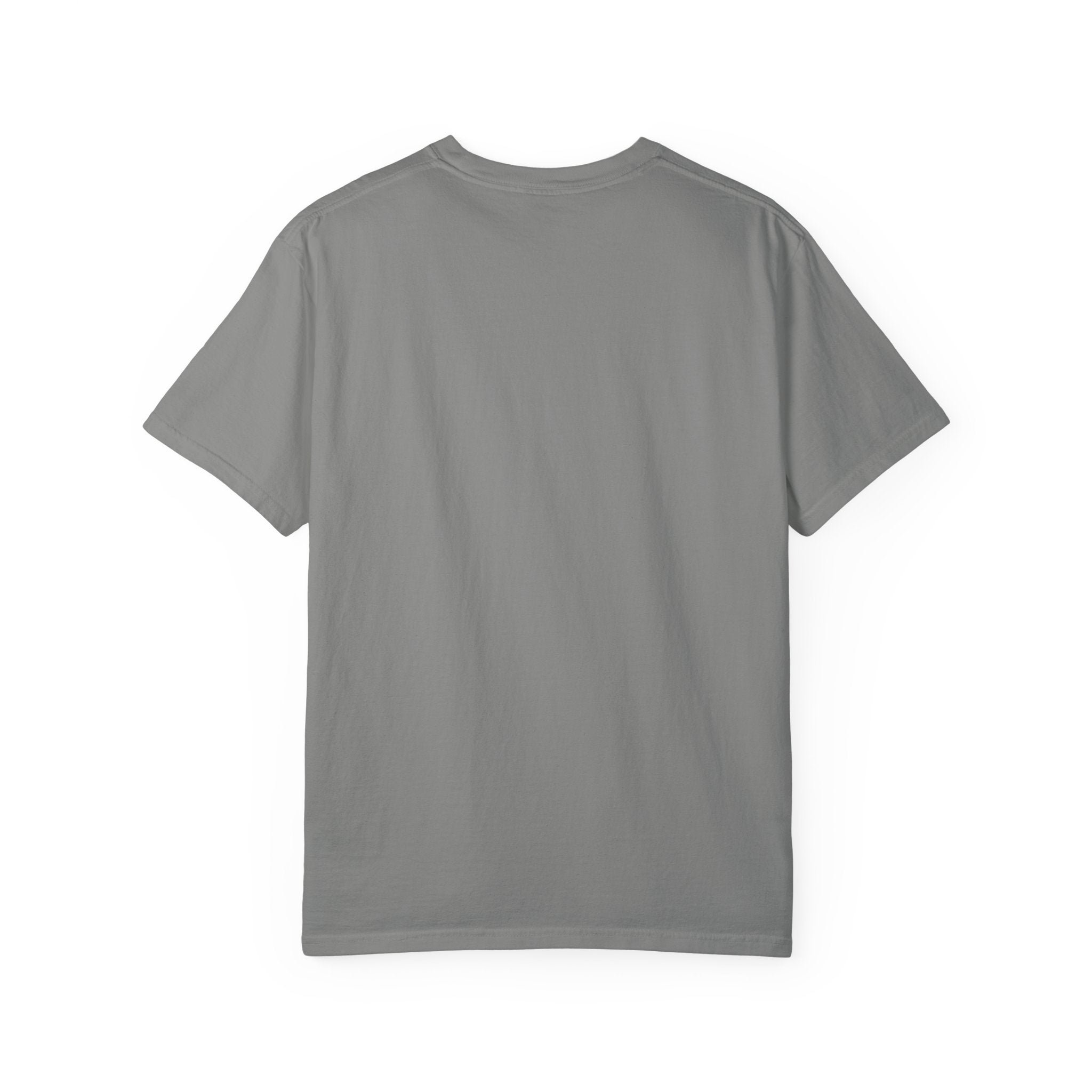 Granite t-shirt, plain back — tall striped mug in retro collage on the front
