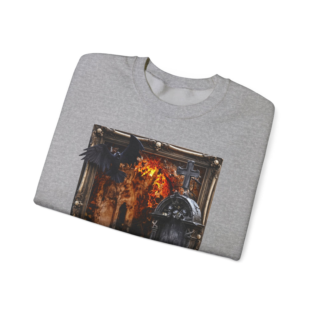 Sport Grey crewneck sweatshirt folded to show the framed painterly scene of a stone tomb print