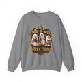 Graphite Heather crewneck sweatshirt laid flat, printed with a three little sheet ghosts read a book and carry