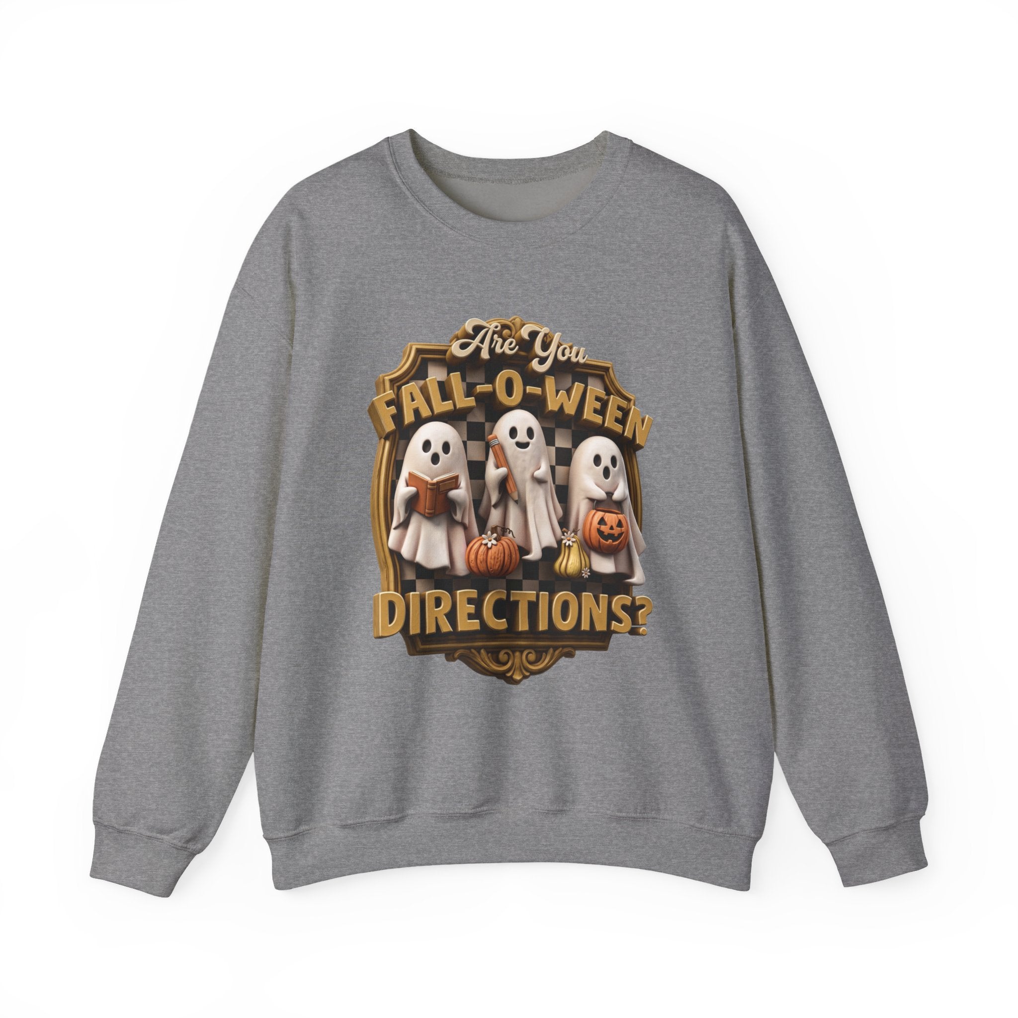 Graphite Heather crewneck sweatshirt laid flat, printed with a three little sheet ghosts read a book and carry