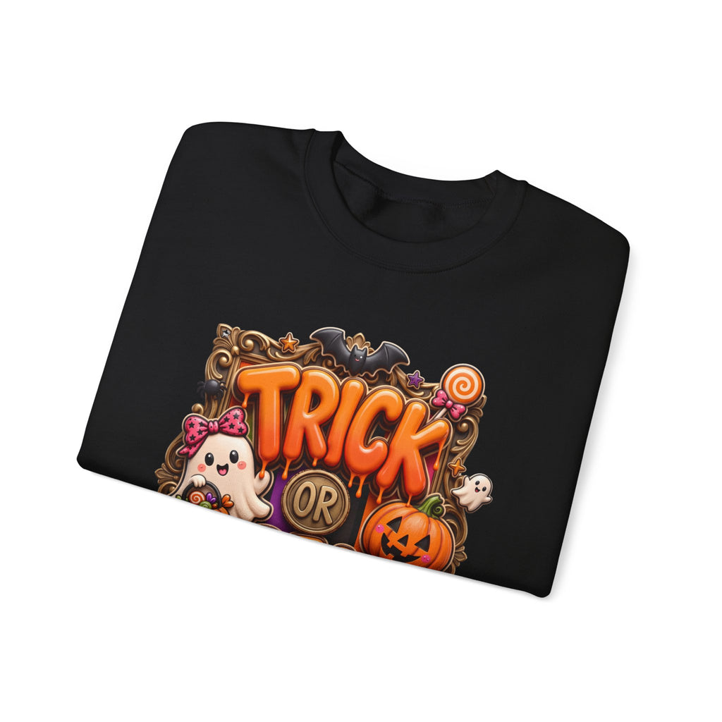 Black crewneck sweatshirt folded to show the puffy orange trick or treat lettering frames a bow-wearing print