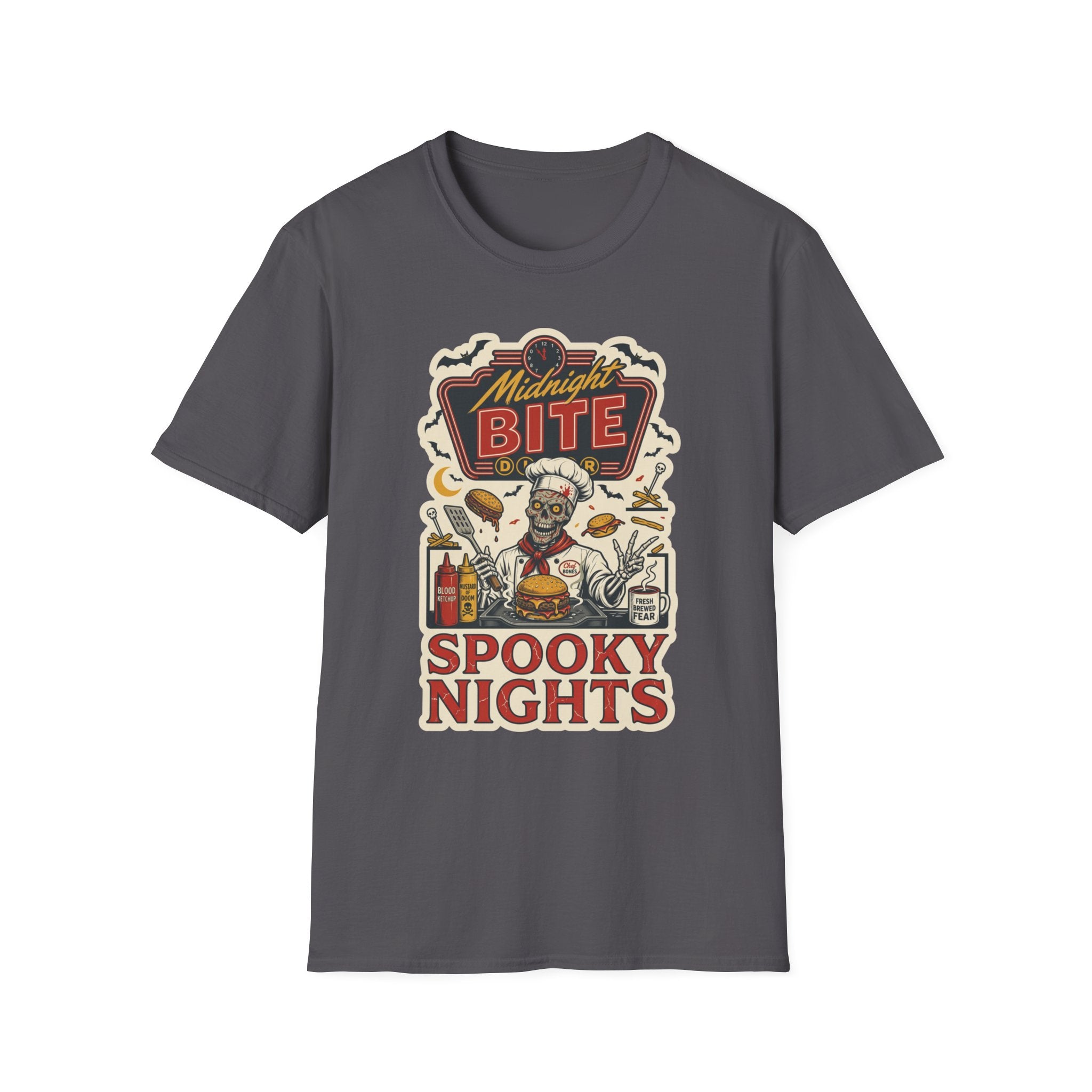 Charcoal t-shirt laid flat, printed with a late-night diner sign stacked