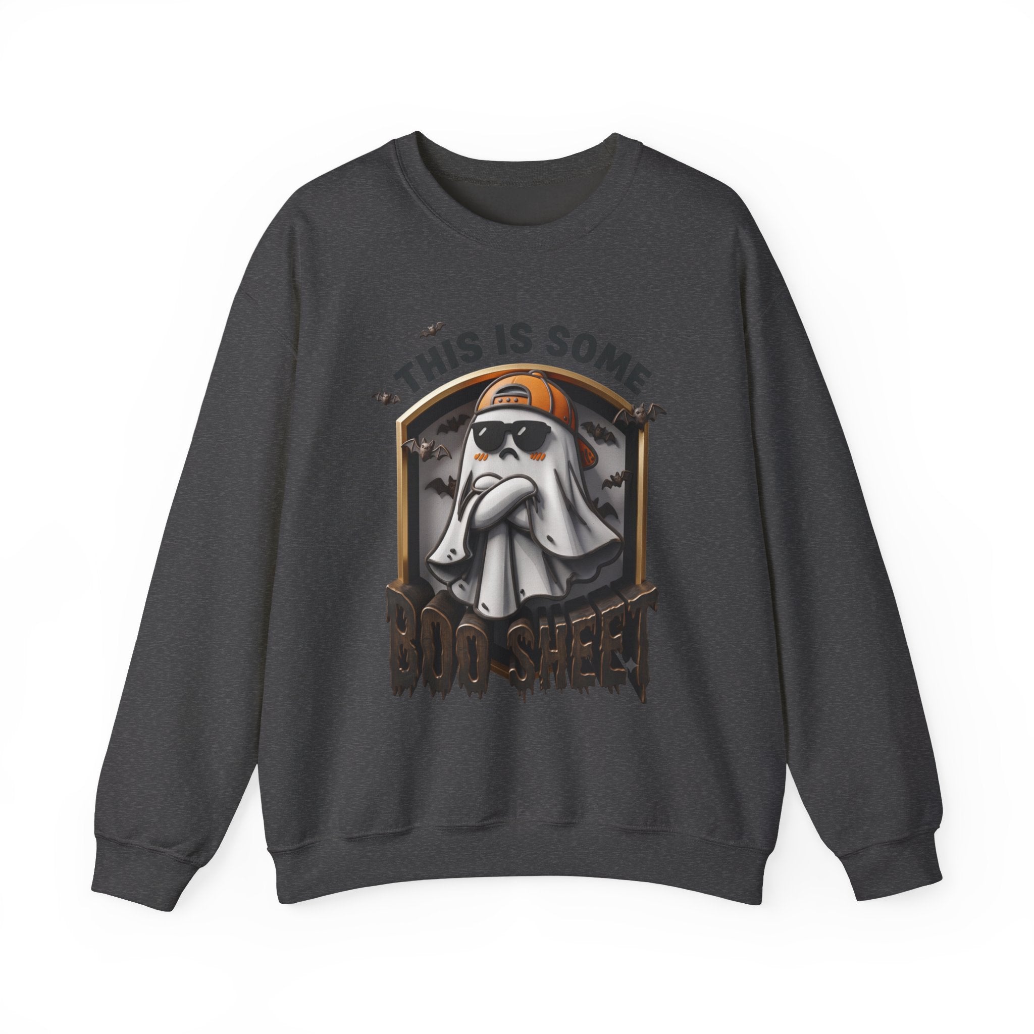 Dark Heather crewneck sweatshirt laid flat, printed with a sheet ghost in black sunglasses and a backward orange