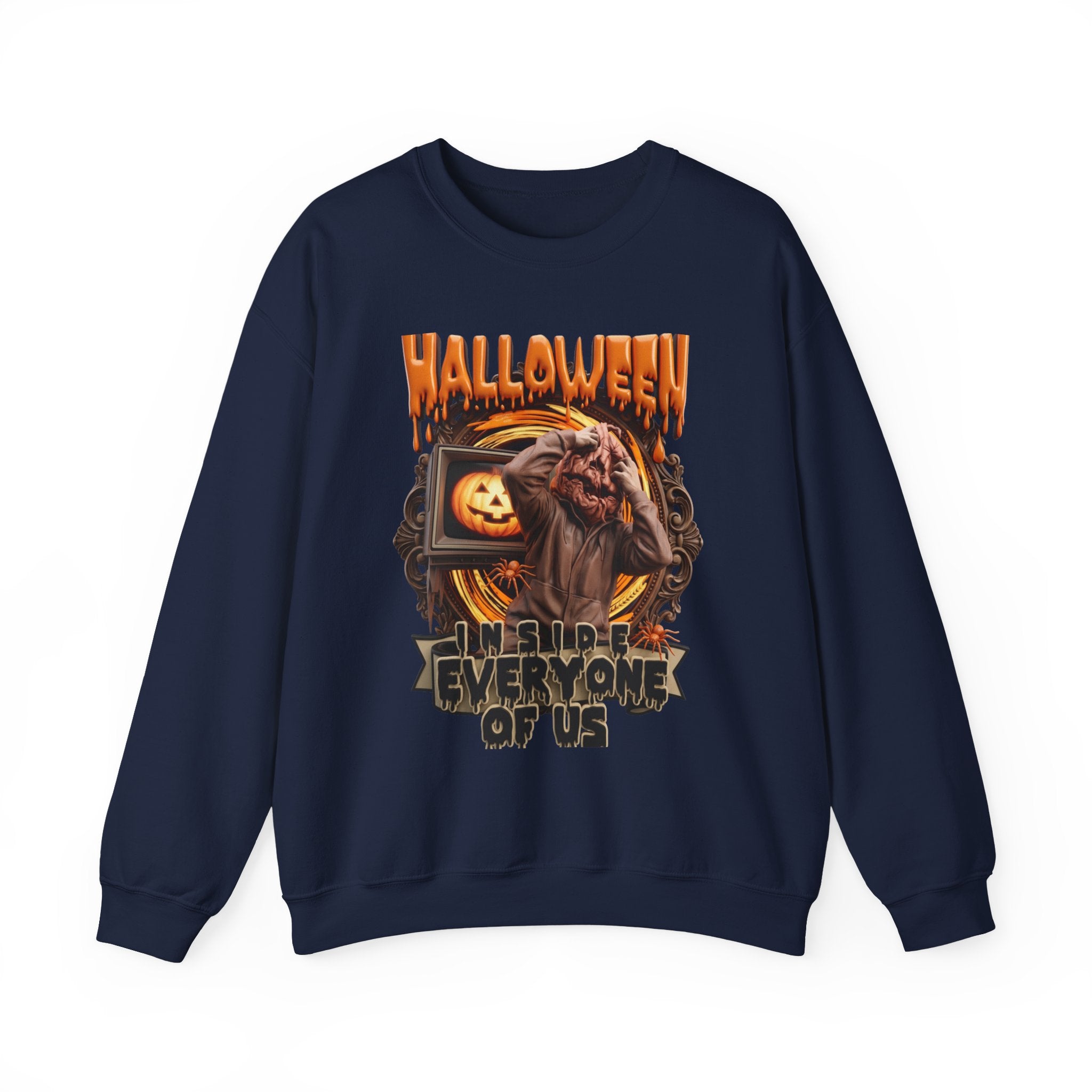 Navy crewneck sweatshirt laid flat, printed with a hunched monster claws at its own head