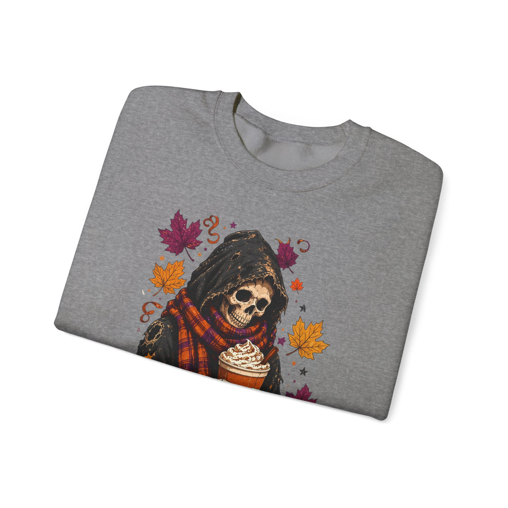 Graphite Heather crewneck sweatshirt folded to show the hooded skeleton holding a pumpkin spice drink print