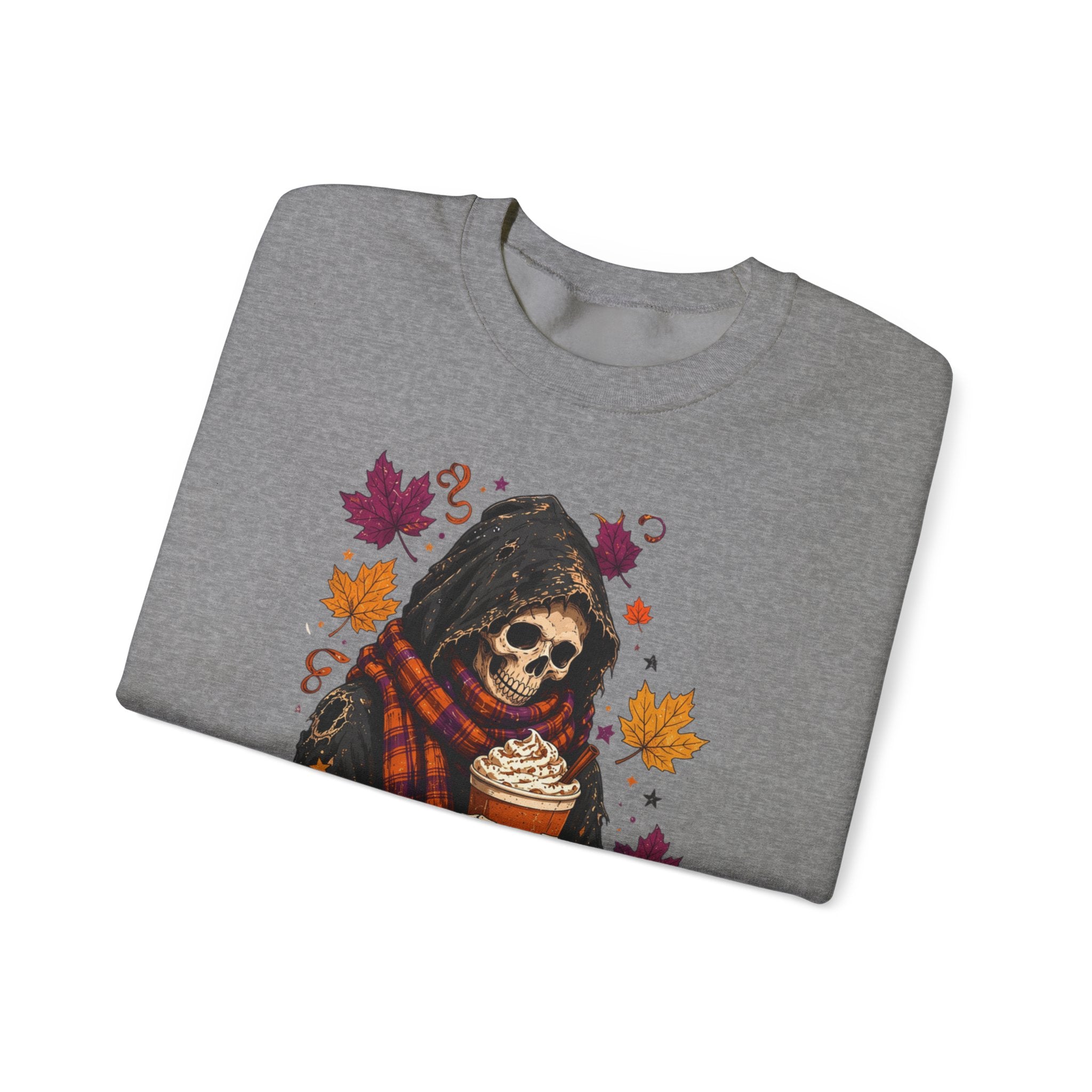 Graphite Heather crewneck sweatshirt folded to show the hooded skeleton holding a pumpkin spice drink print