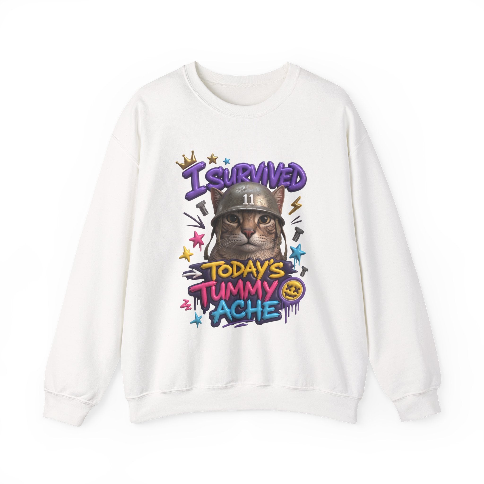 White crewneck sweatshirt laid flat, printed with a flat-eyed cat wearing a battered steel helmet