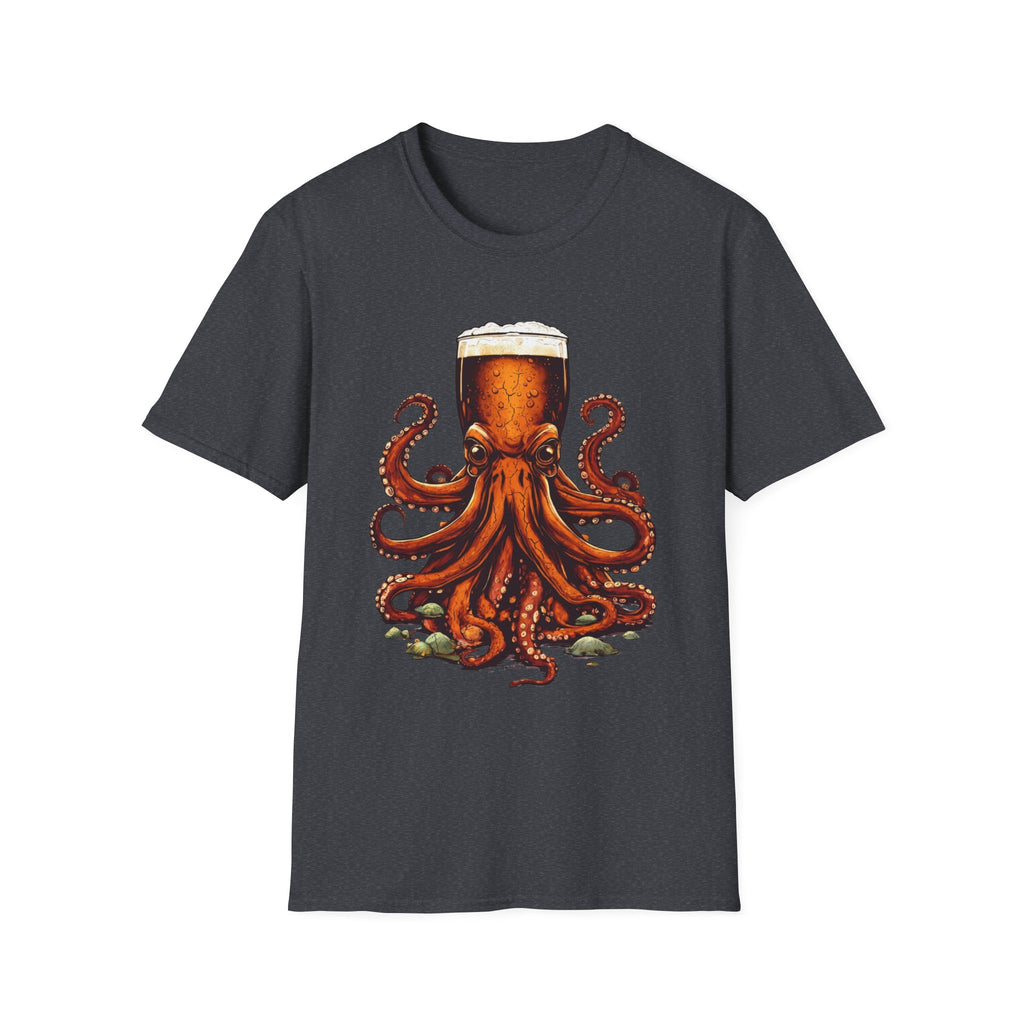 Dark Heather Grey t-shirt, plain back — octopus wrapped around a beer glass on the front