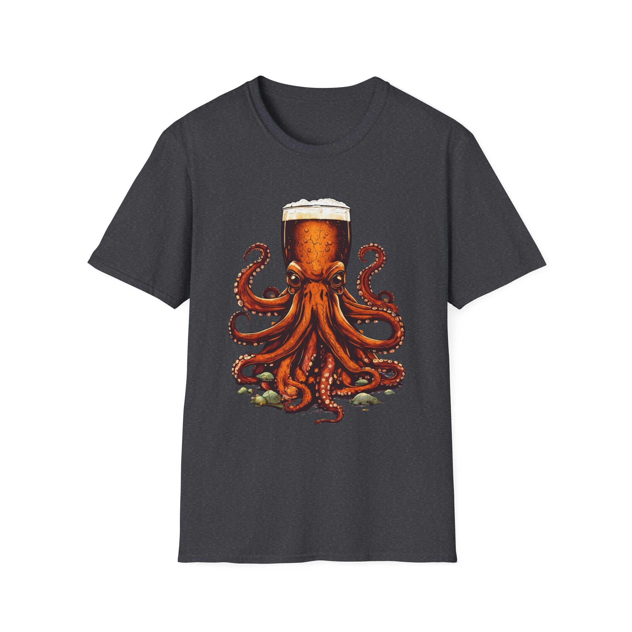 Dark Heather Grey t-shirt, plain back — octopus wrapped around a beer glass on the front