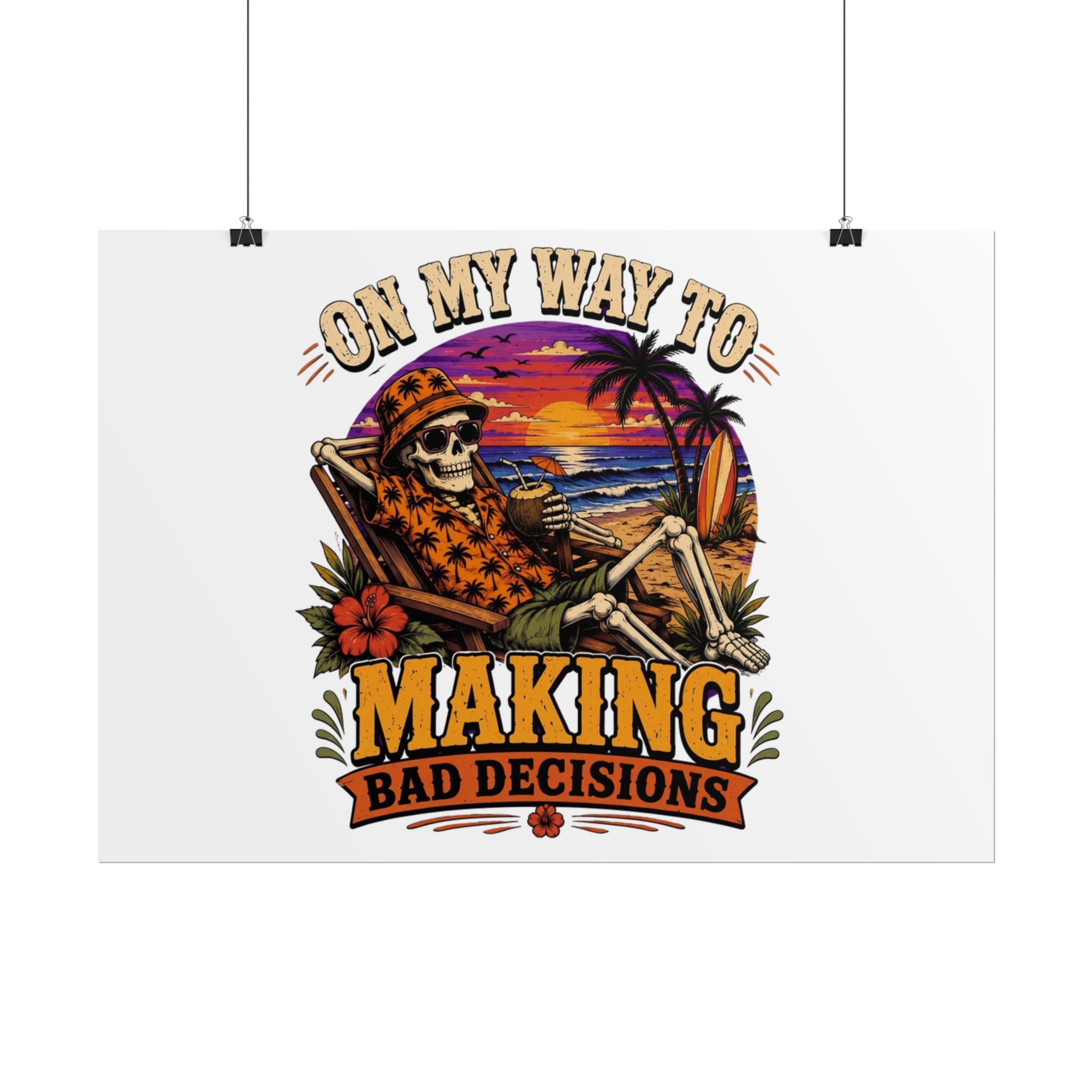 Poster print showing a grinning skeleton stretched out under a burning tropical sunset, view 25