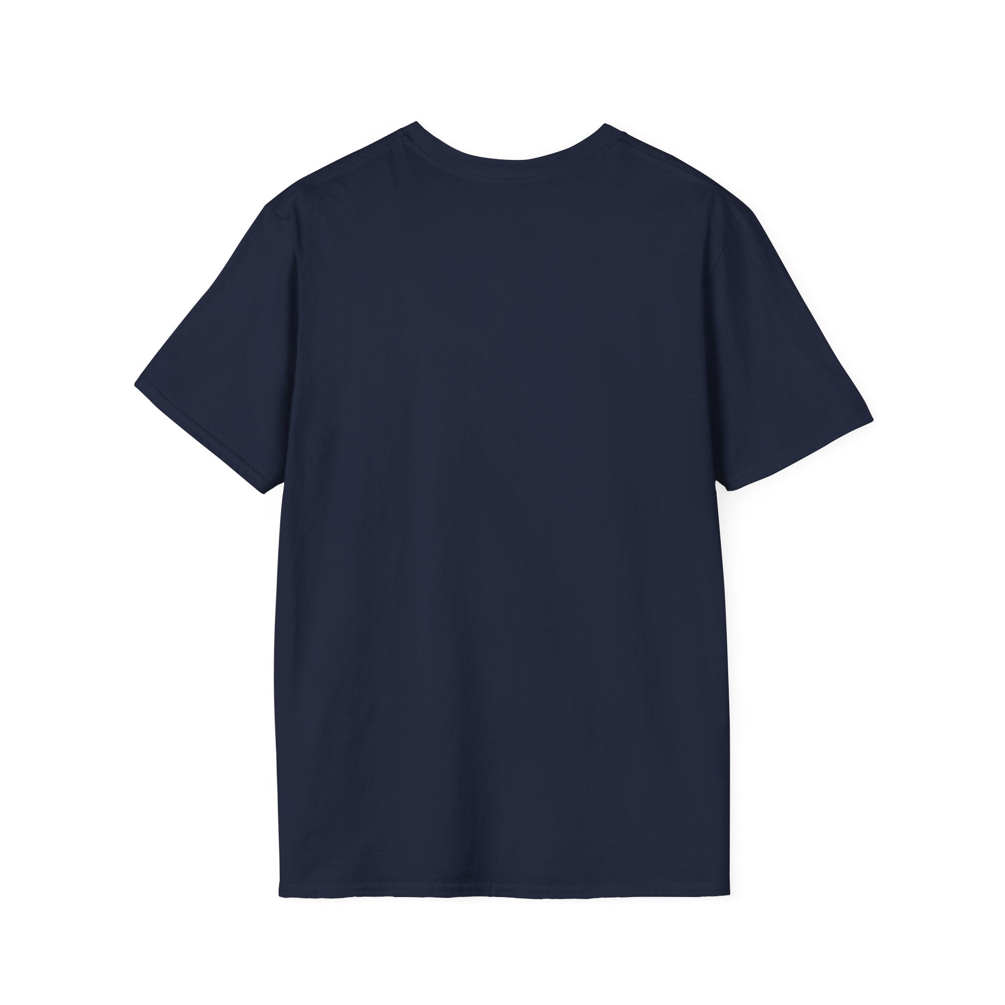 Navy t-shirt, plain back — skeletons and zombies around a grill on the front