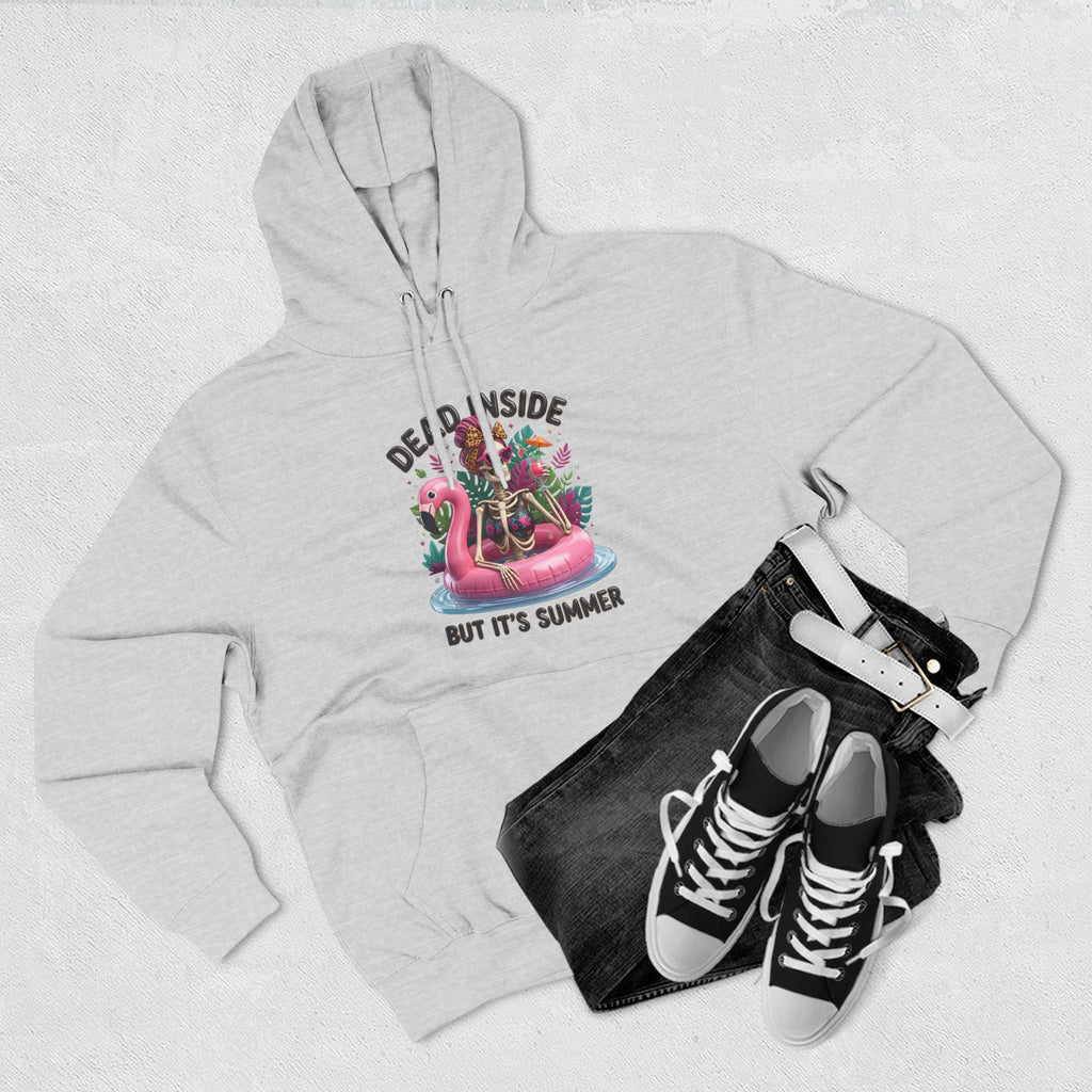 Heather Grey hoodie folded to show the deadpan summer joke for people who run cold print