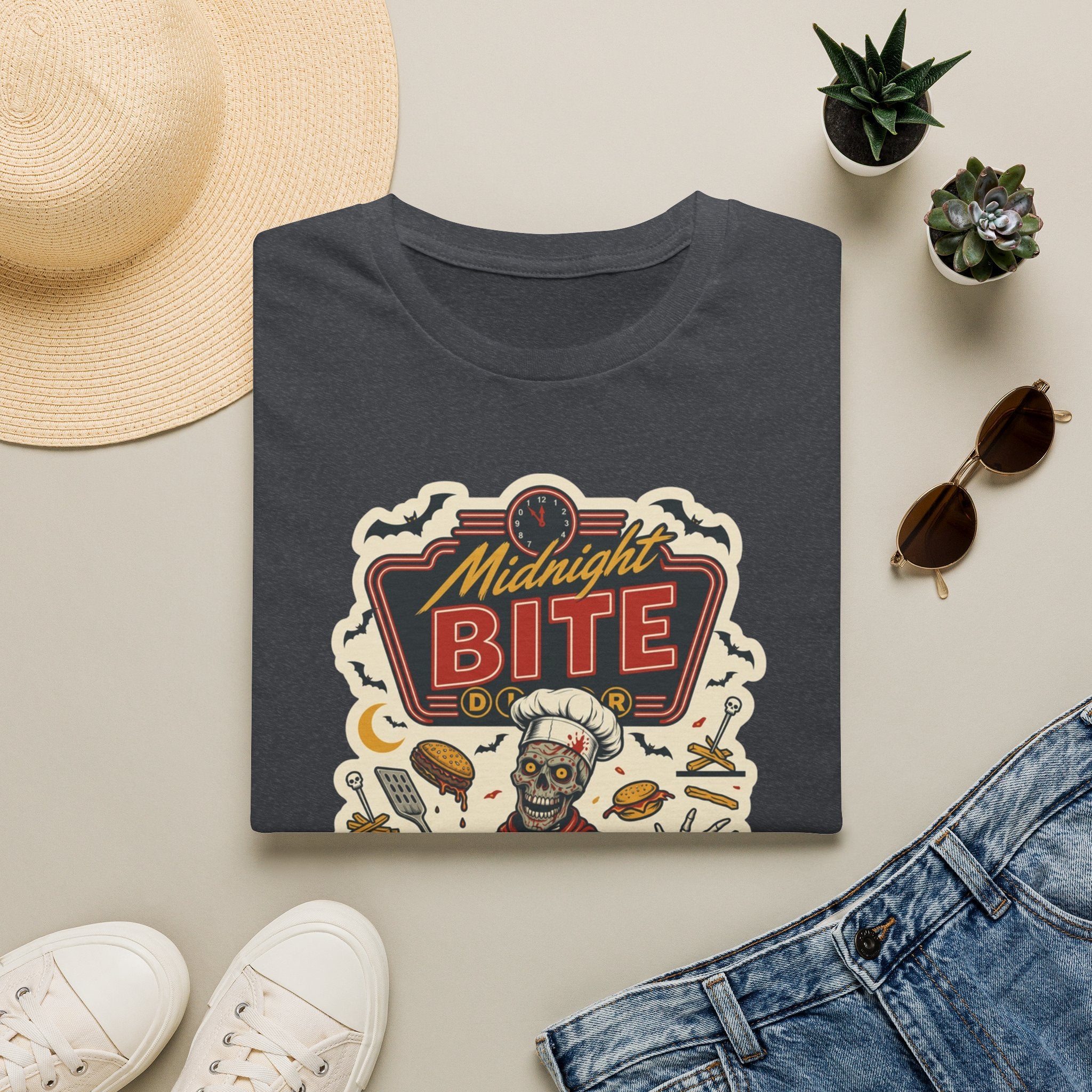 Dark Heather Grey t-shirt printed with a late-night diner sign stacked, view 17