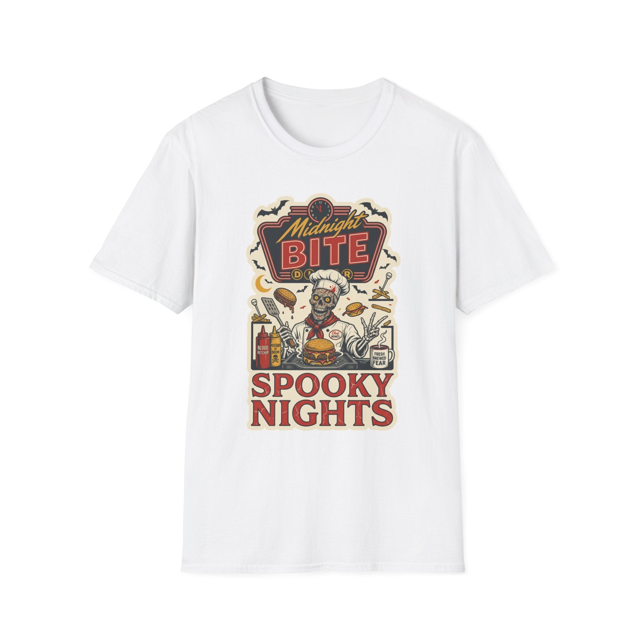 White t-shirt laid flat, printed with a late-night diner sign stacked