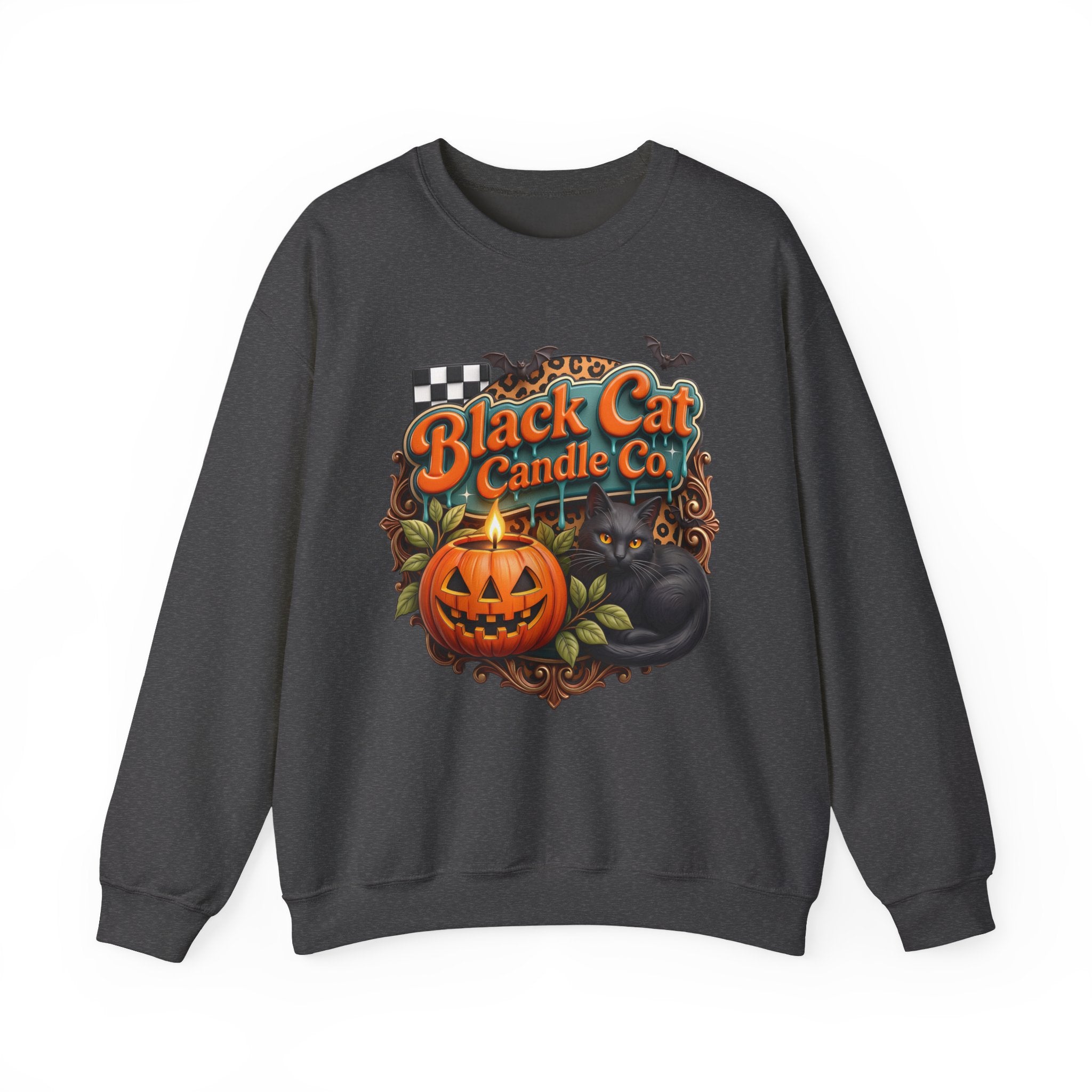 Dark Heather crewneck sweatshirt laid flat, printed with a retro teal signboard reads black cat candle co