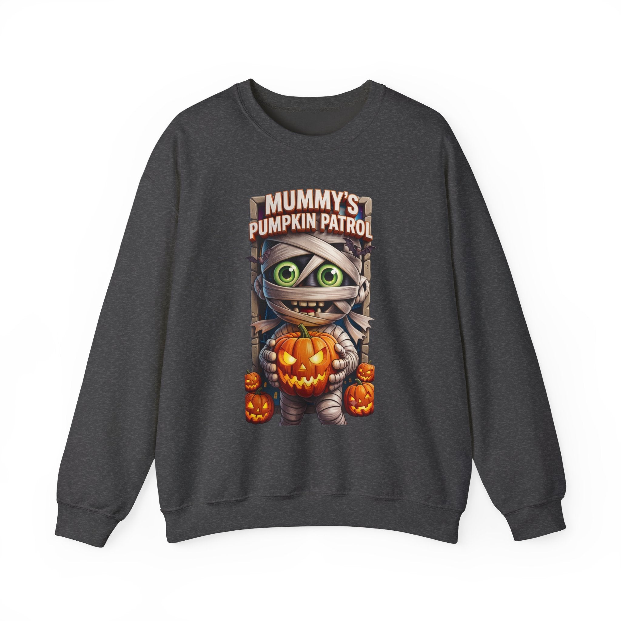 Dark Heather crewneck sweatshirt laid flat, printed with a wide-eyed cartoon mummy wrapped in bandages hugs a carved