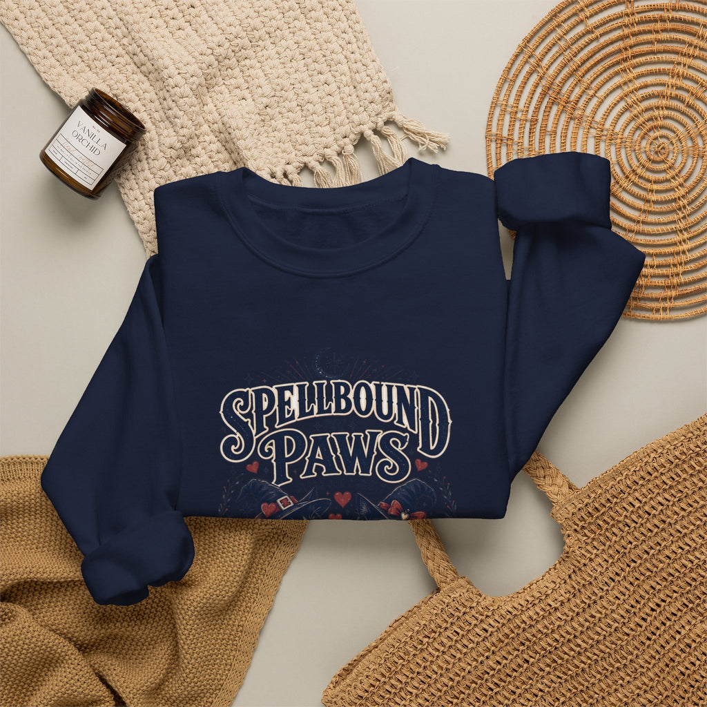 Navy crewneck sweatshirt styled flat with a candle — two black cats in witch hats