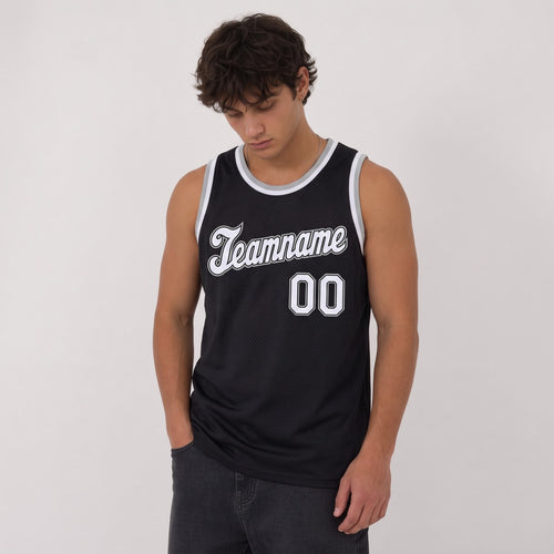Custom Black White-Gray Round Neck Rib-Knit Basketball Jersey - 2