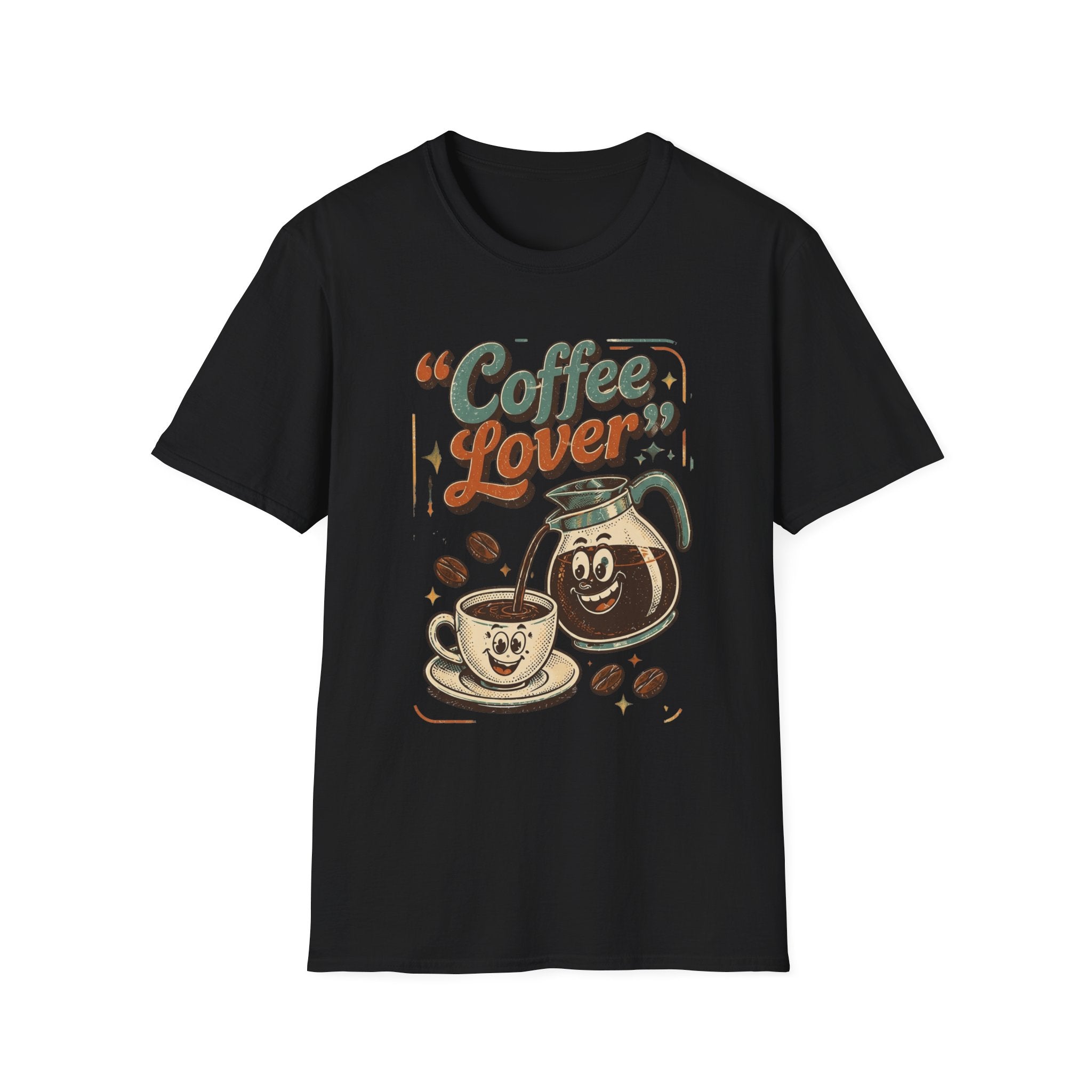 Black t-shirt laid flat, printed with a retro coffee pot and steaming cup under the words