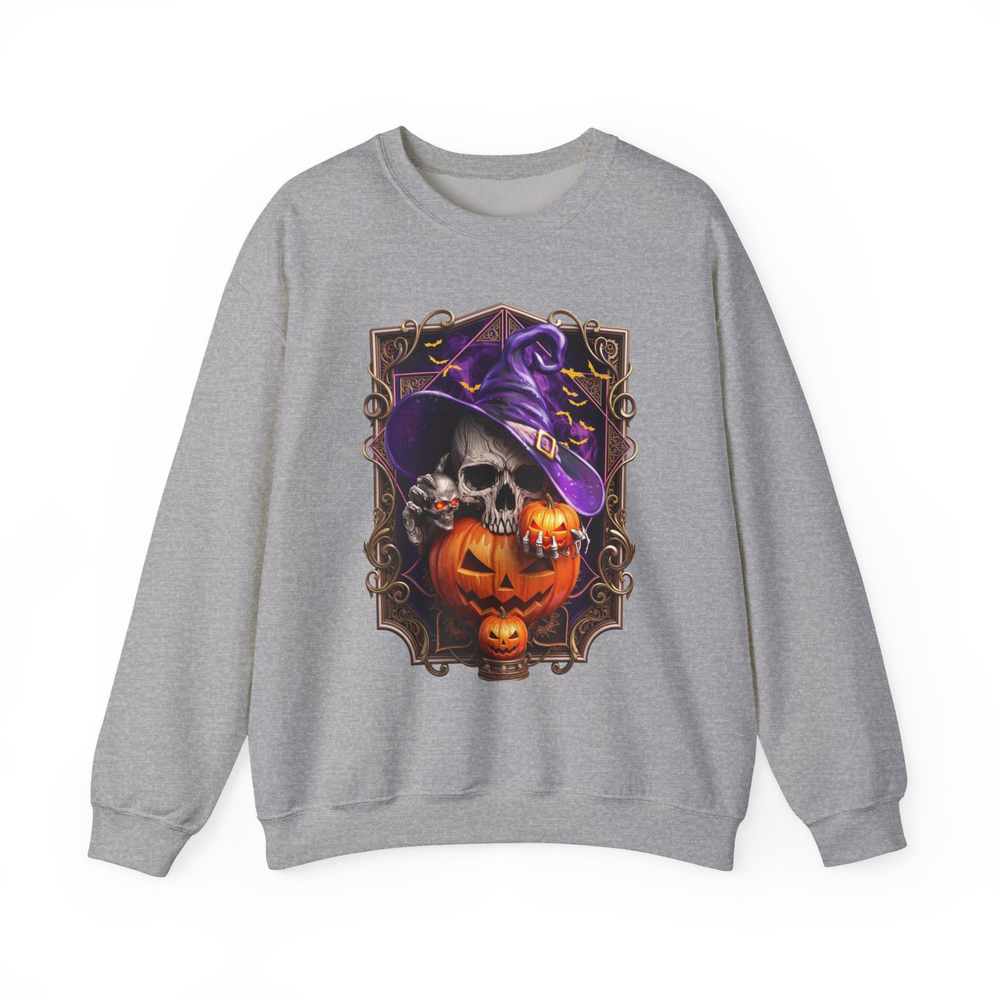 Sport Grey crewneck sweatshirt laid flat, printed with a skull in a slouchy purple witch hat peers out
