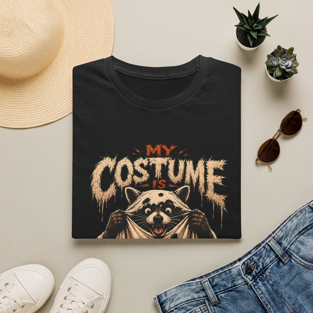 Black t-shirt styled flat with a candle — wide-eyed raccoon in a fur cape