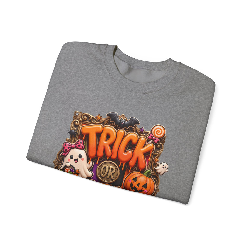 Graphite Heather crewneck sweatshirt folded to show the puffy orange trick or treat lettering frames a bow-wearing print