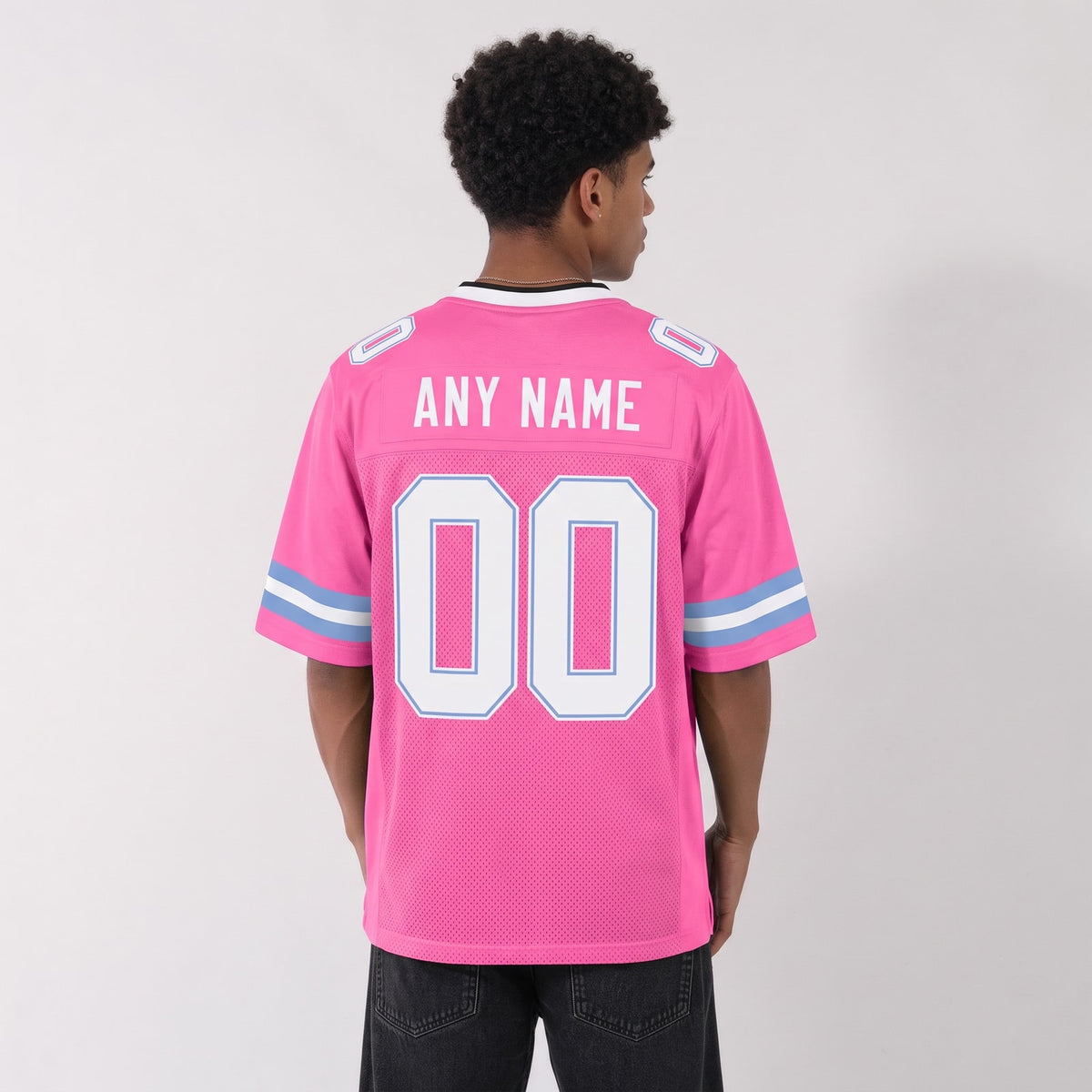 Custom Pink White-Light Blue Mesh Football Jersey - 4