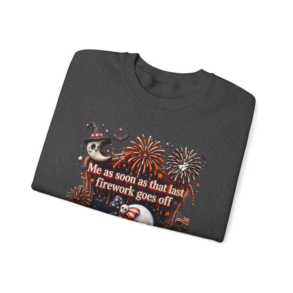 Dark Heather crewneck sweatshirt folded to show the wide-eyed ghost clutches a striped firework print