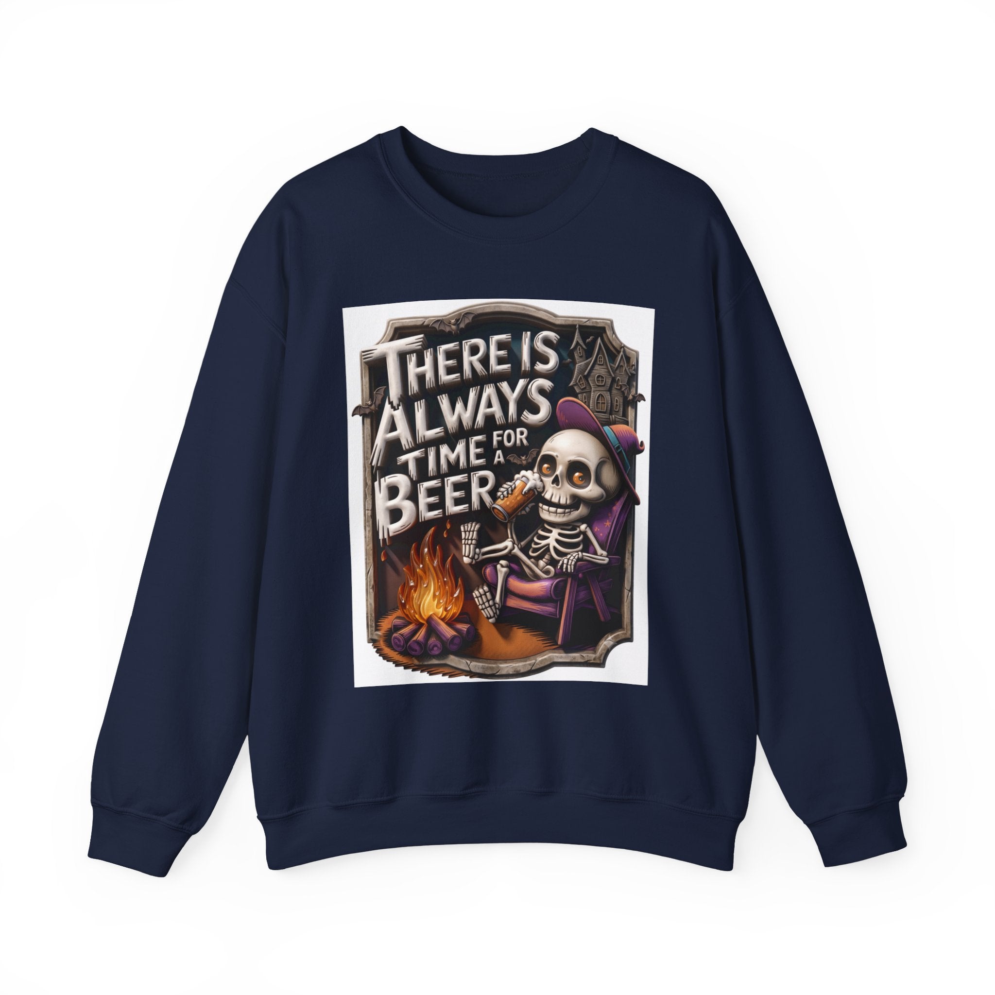 Navy crewneck sweatshirt laid flat, printed with a skeleton in a floppy purple hat kicks back