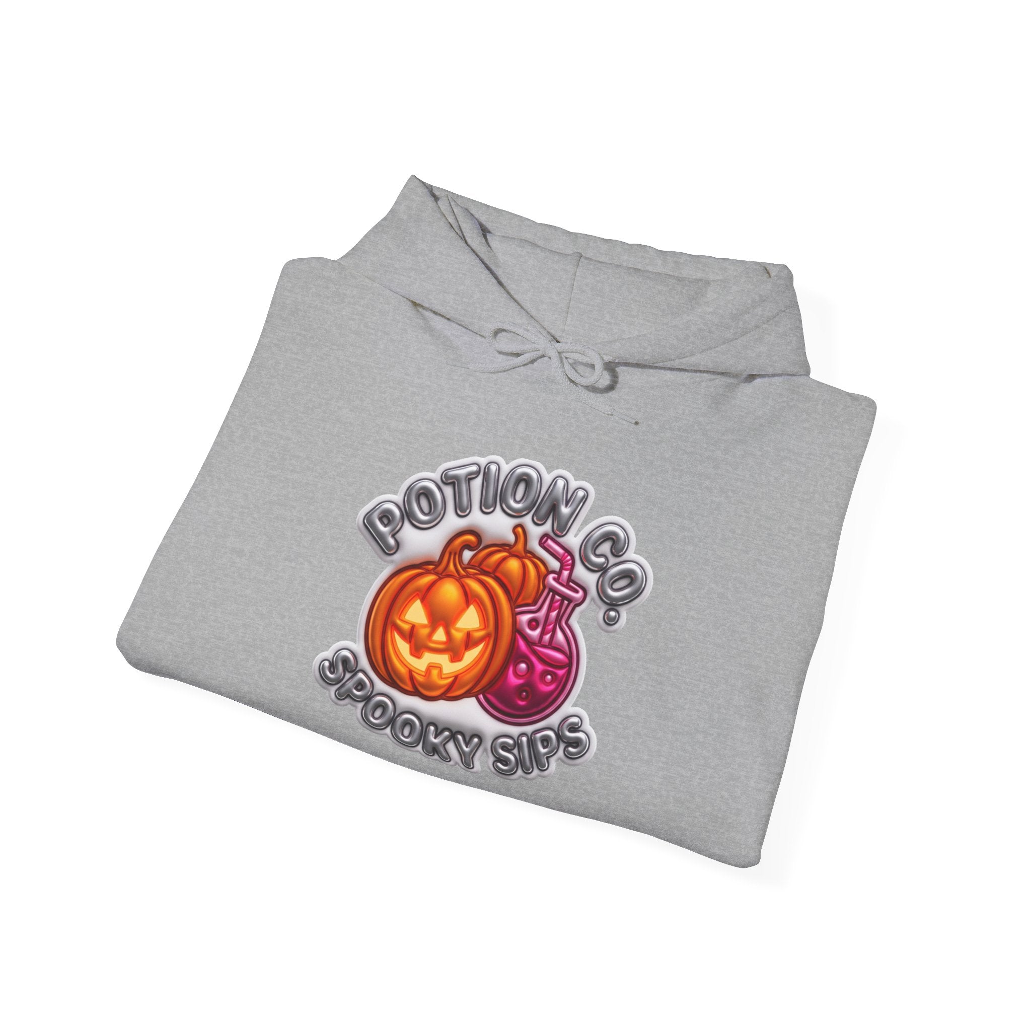 Sport Grey hoodie styled flat with a candle — Potion Co jack-o-lanterns and potion bottles