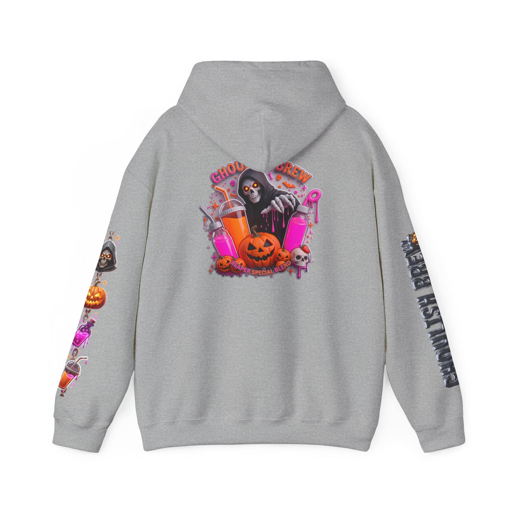 Sport Grey hoodie, plain back — Potion Co jack-o-lanterns and potion bottles on the front