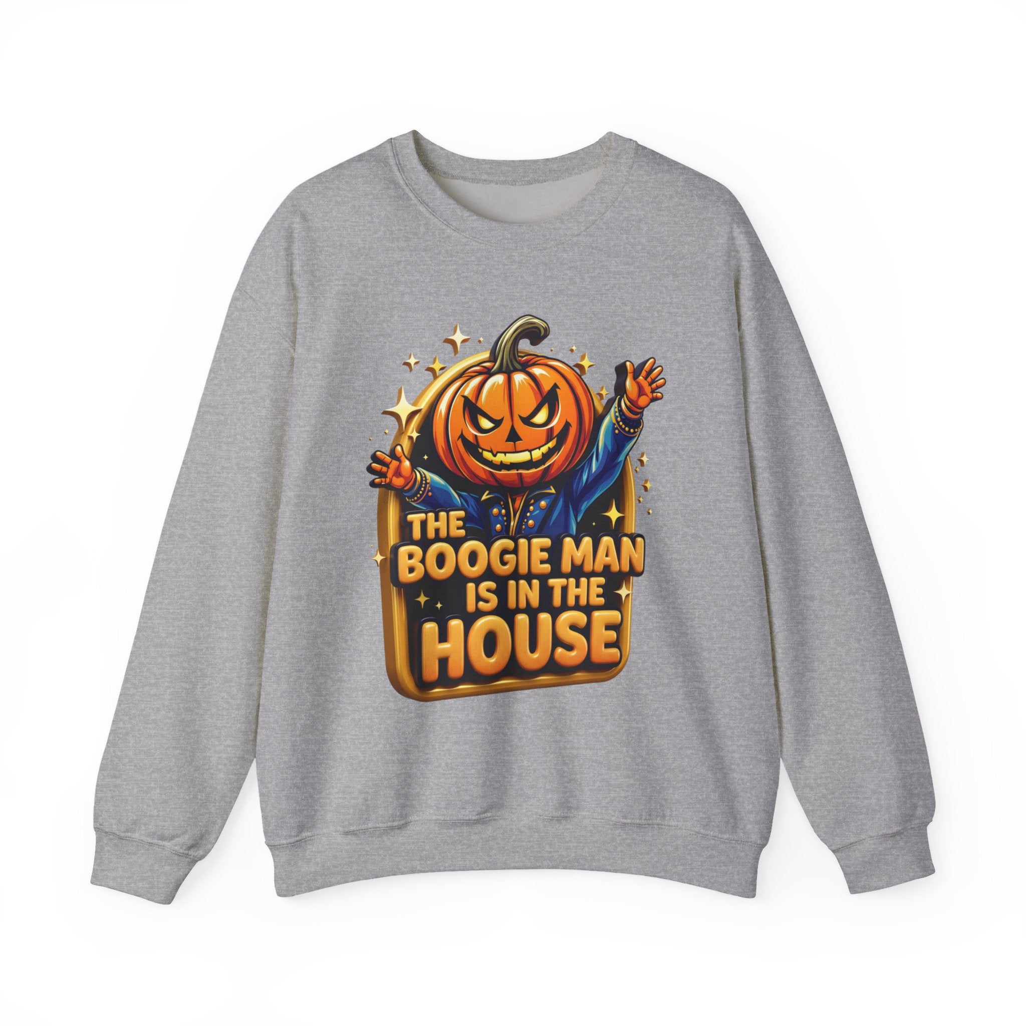 Sport Grey crewneck sweatshirt laid flat, printed with a grinning jack-o-lantern head in a blue jacket throws