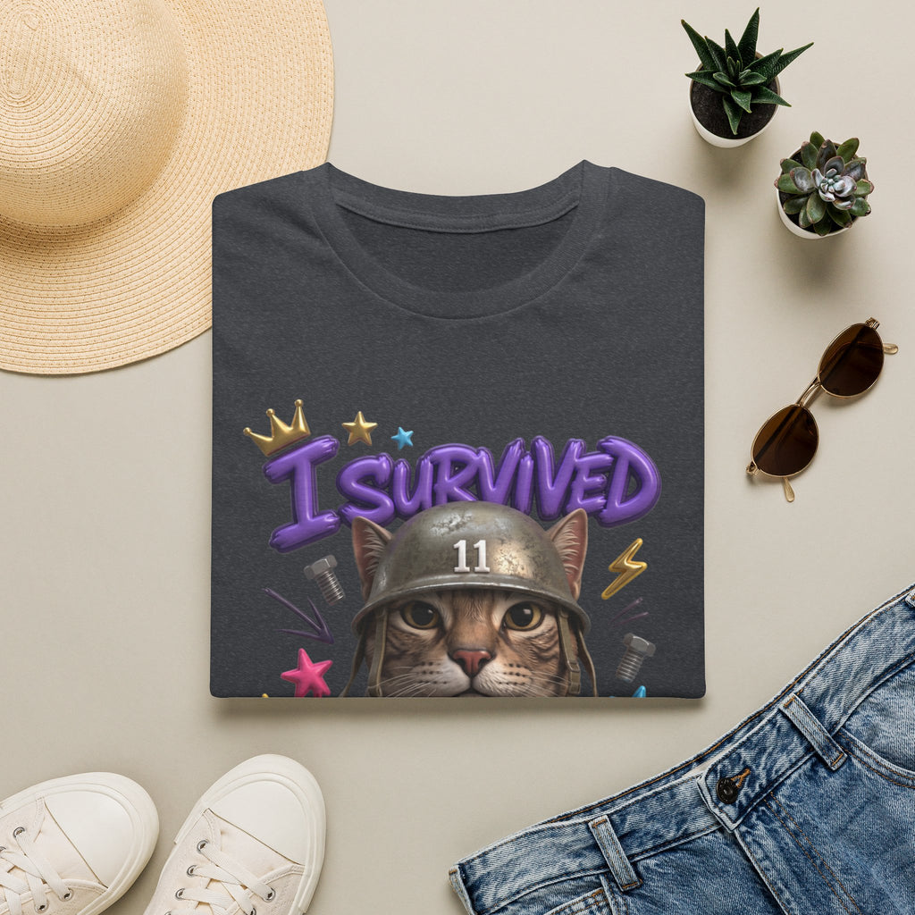 Dark Heather Grey t-shirt printed with a flat-eyed cat wearing a battered steel helmet, view 17