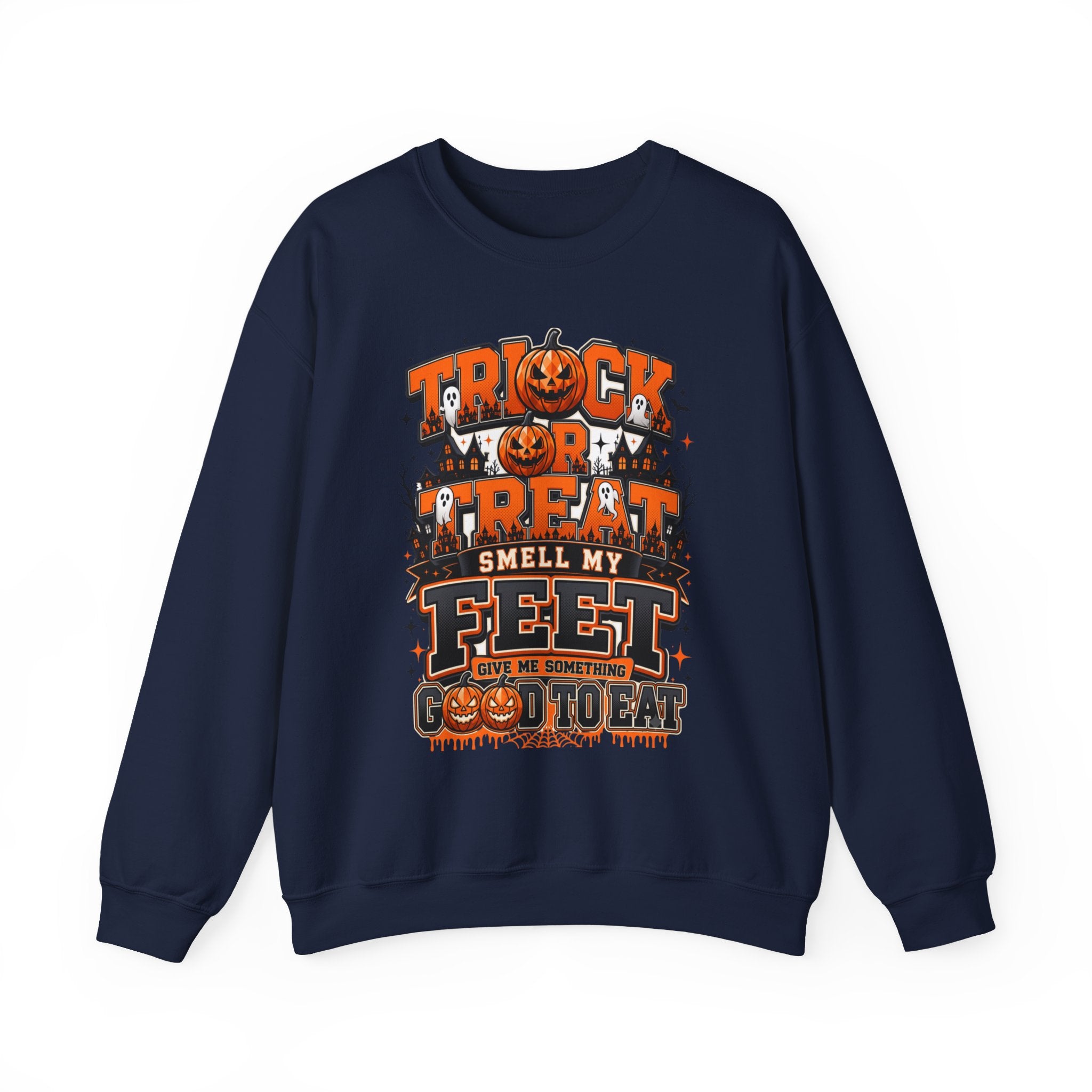Navy crewneck sweatshirt laid flat, printed with a stacked orange and black lettering spells out the classic