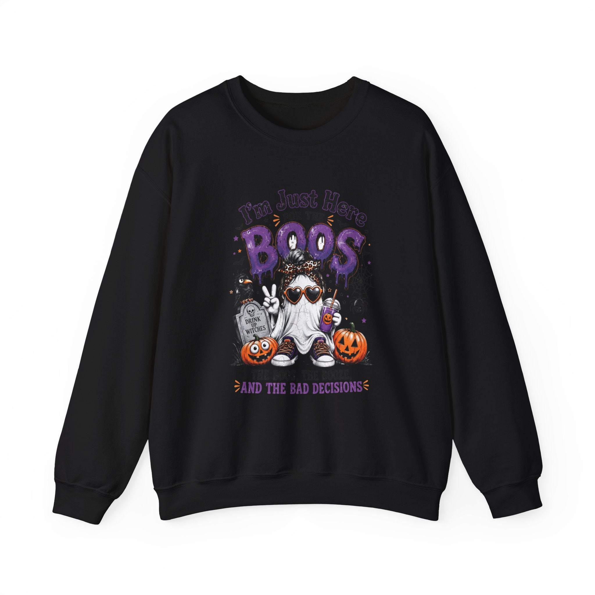 Black crewneck sweatshirt laid flat, printed with a three cartoon ghosts in sunglasses