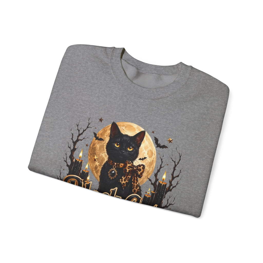 Graphite Heather crewneck sweatshirt folded to show the black cat sits before a glowing full moon print