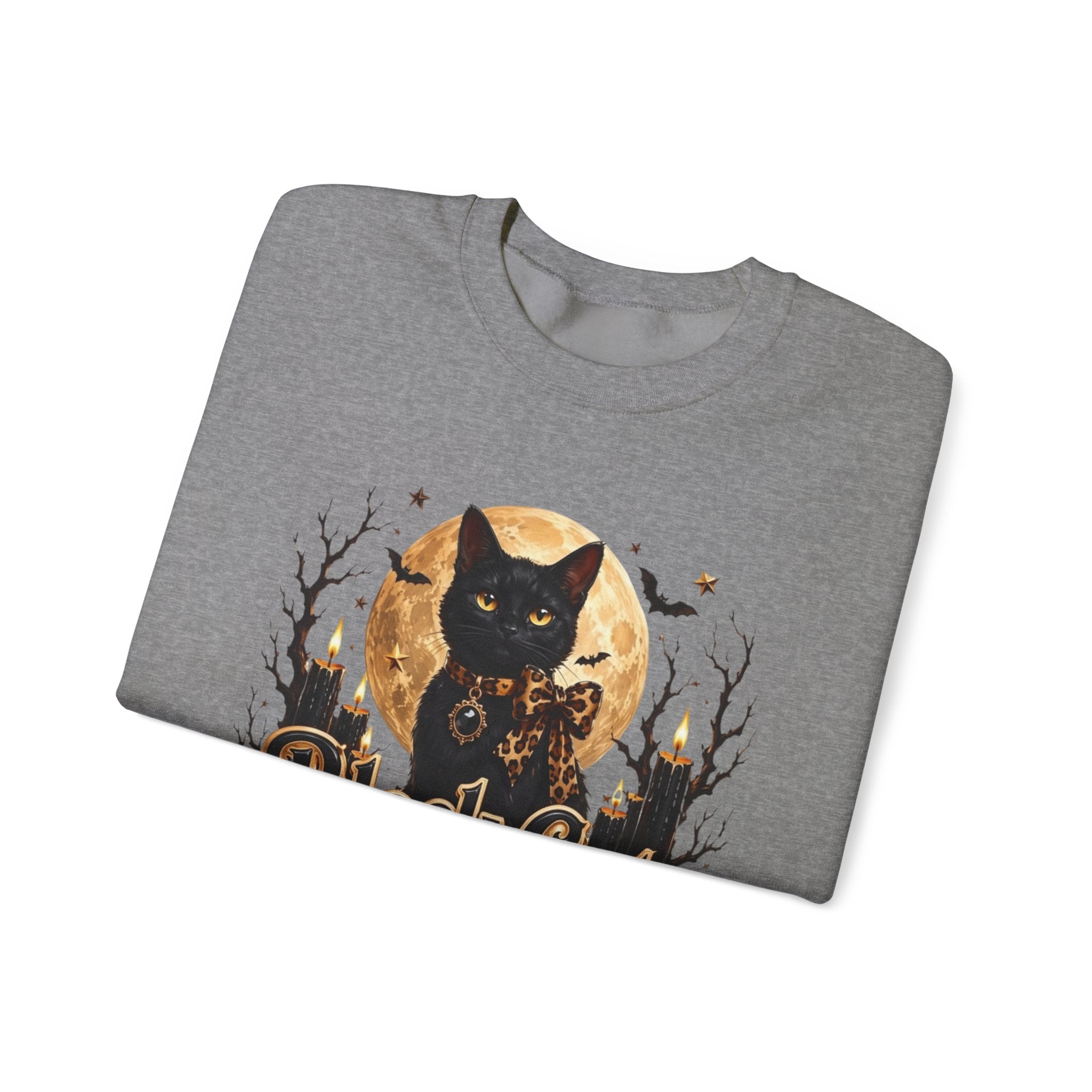 Graphite Heather crewneck sweatshirt folded to show the black cat sits before a glowing full moon print