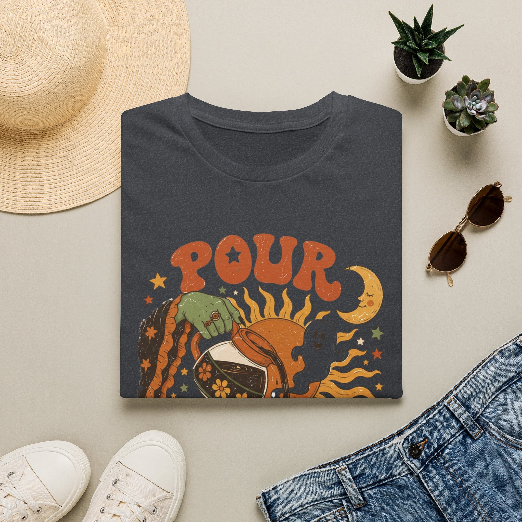 Dark Heather Grey t-shirt printed with a green witch hand tipping a flower-patterned coffee pot into, view 17