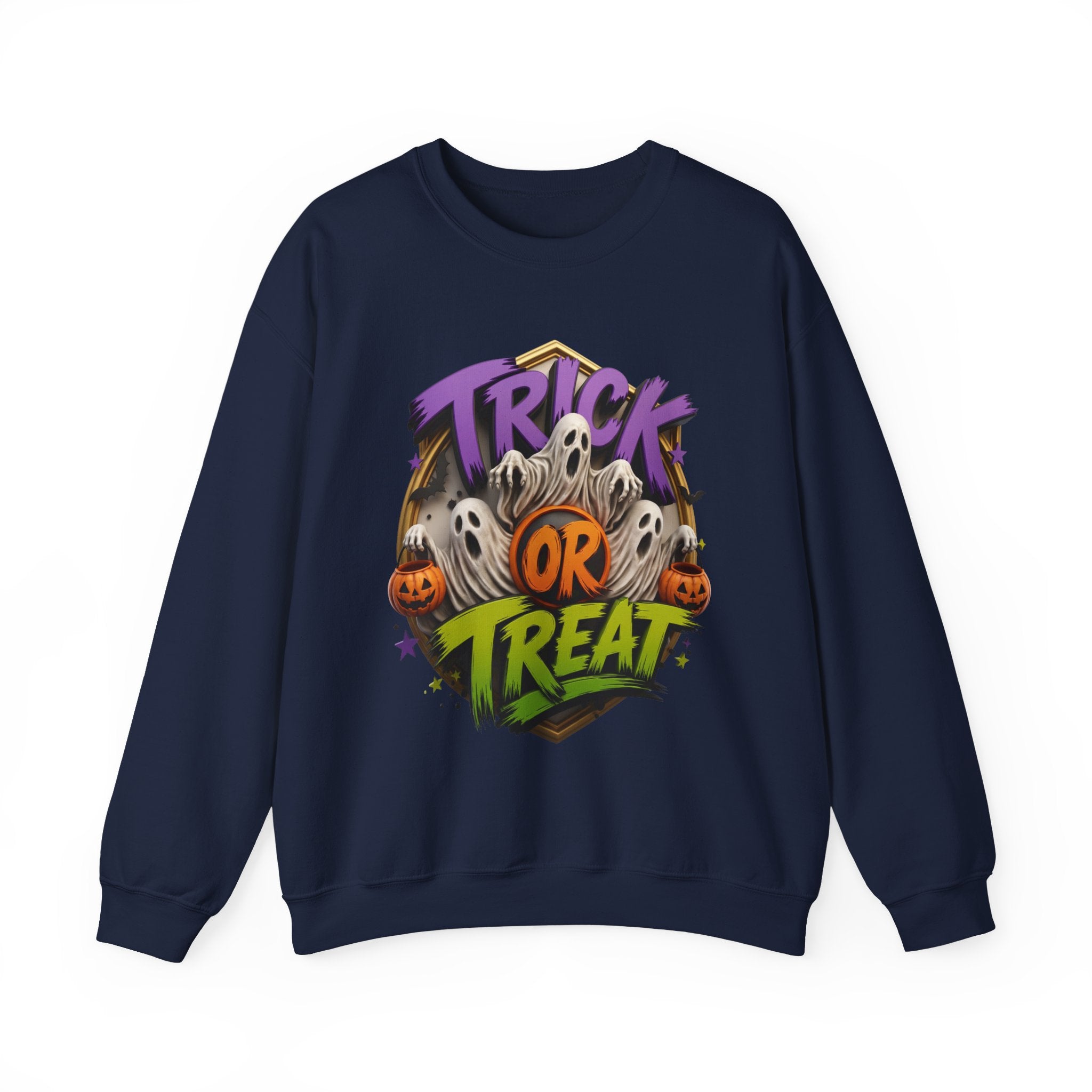 Navy crewneck sweatshirt laid flat, printed with a huddle of wide-mouthed ghosts rises between two carved pumpkins