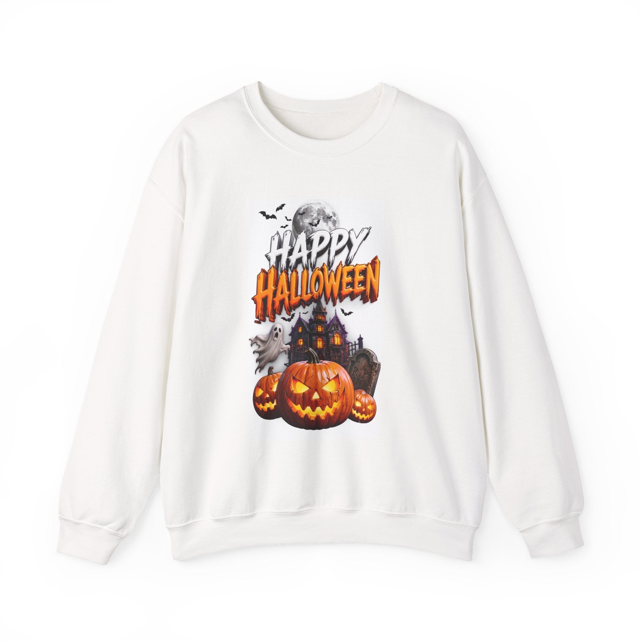 White crewneck sweatshirt laid flat, printed with a haunted house