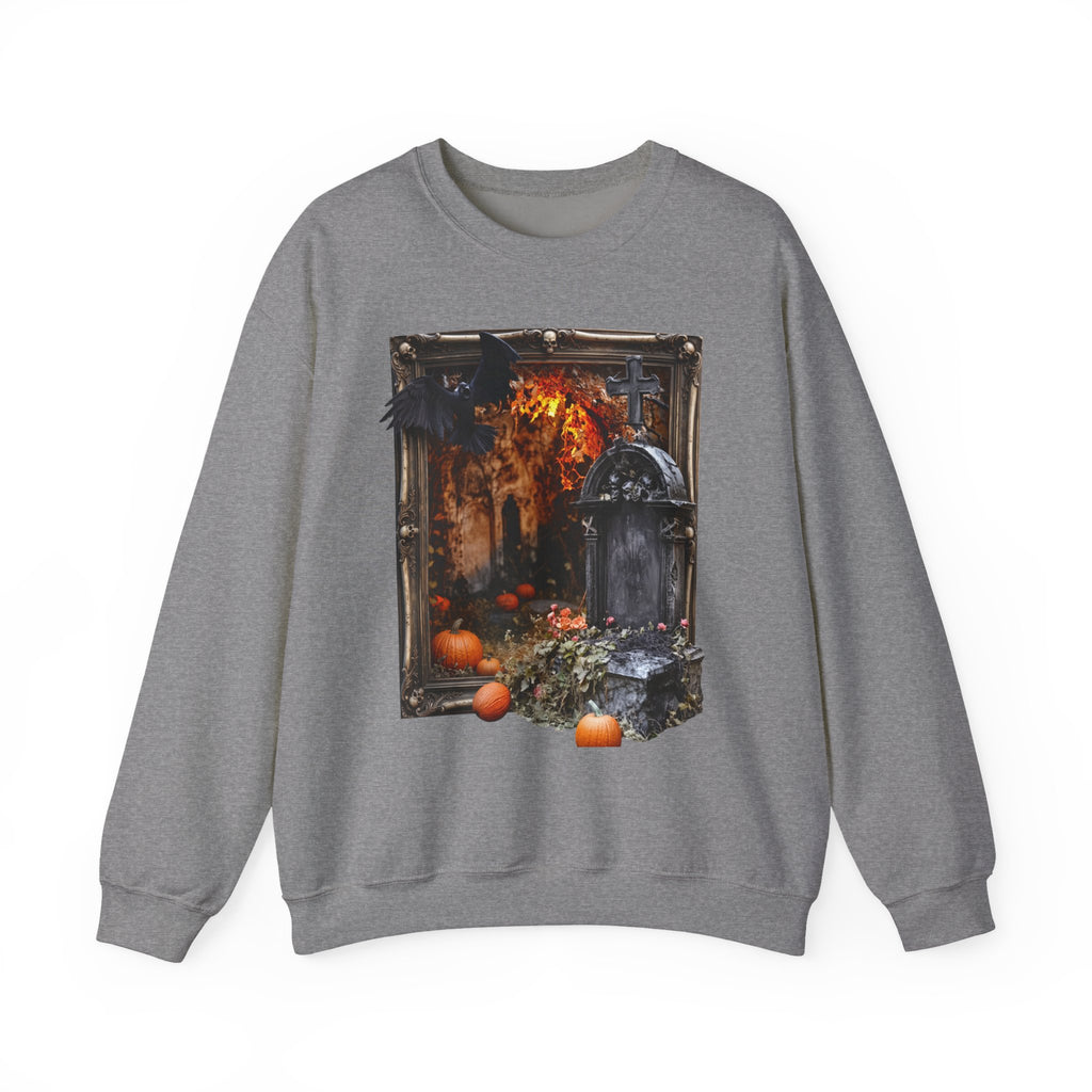 Graphite Heather crewneck sweatshirt laid flat, printed with a framed painterly scene of a stone tomb